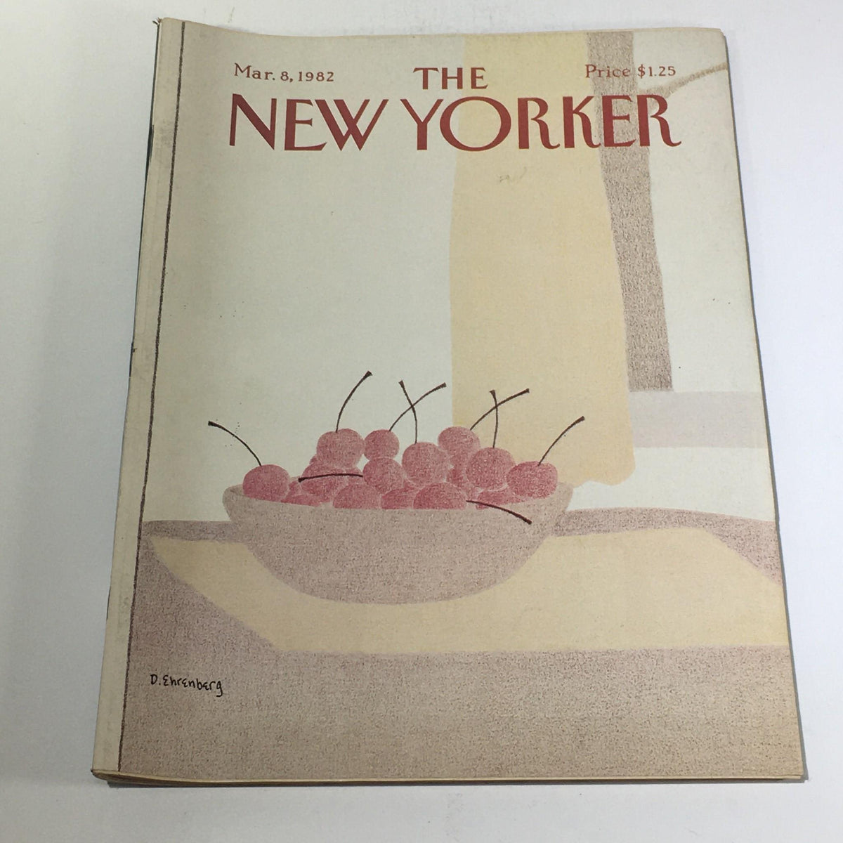Cover of The New Yorker: March 8, 1982 showing a bowl of cherries, designed by Devera Ehrenberg, representing vintage magazine art.