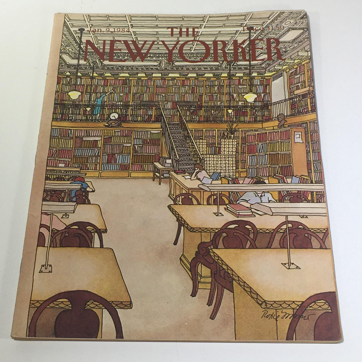 Cover of The New Yorker: January 9 1984 featuring a colorful illustration of a library scene by Roxie Munro, depicting tables and shelves filled with books.