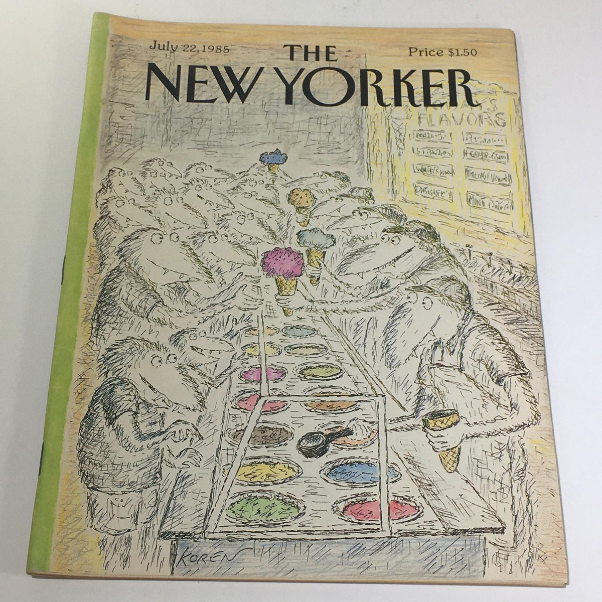 The New Yorker Magazine July 22 1985 Full Theme Cover by Ed Koren featuring whimsical cartoon characters enjoying ice cream and colorful ice cream flavors, showcasing Ed Koren's unique illustration style.