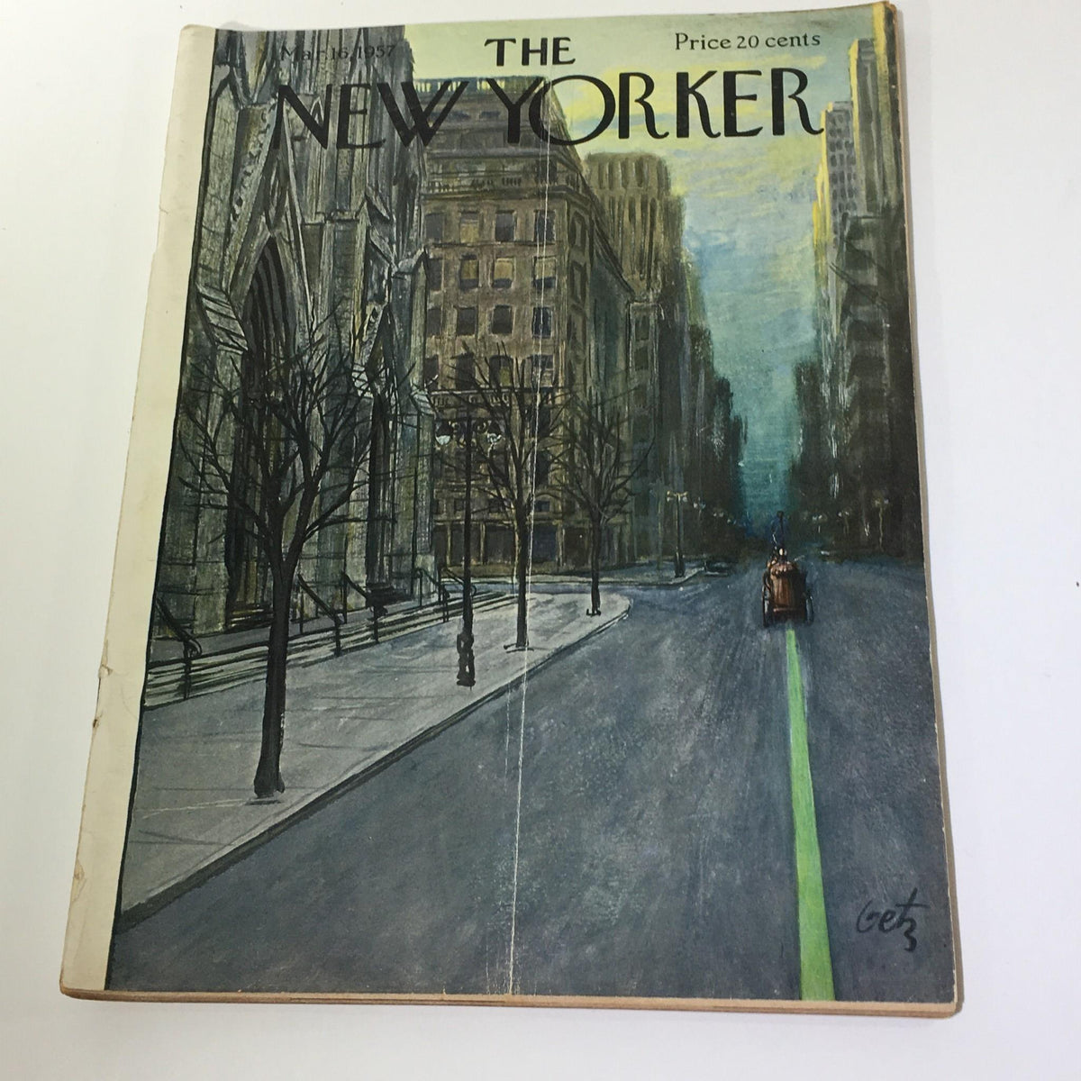 Cover of The New Yorker magazine from March 16, 1957, featuring artwork by Arthur Getz, showcasing a city street with trees and a green line.