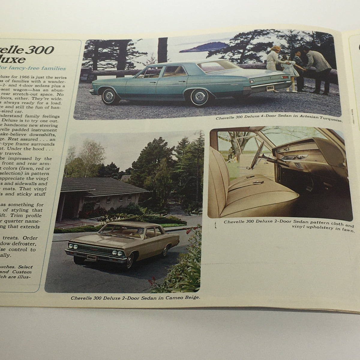 Brochure pages featuring the 1966 Chevelle 300 Deluxe, featuring 4-door and 2-door sedan models in different colors, highlighting interior and exterior views.