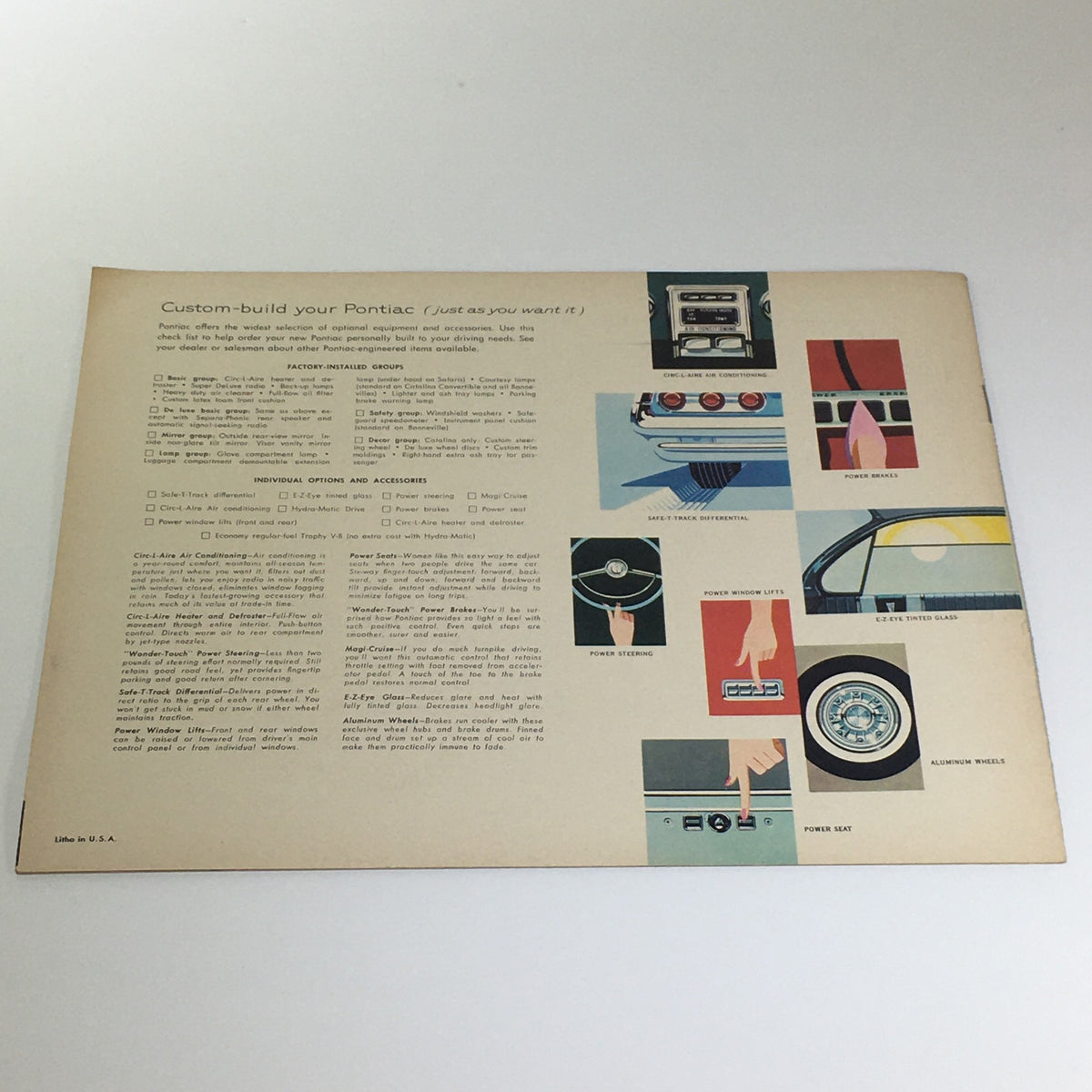 Back page of the Pontiac 1961 Catalina 6 to 9-Passenger Safari Wide-Track Car Catalog Brochure including options for customizing the Pontiac with visual details and features.