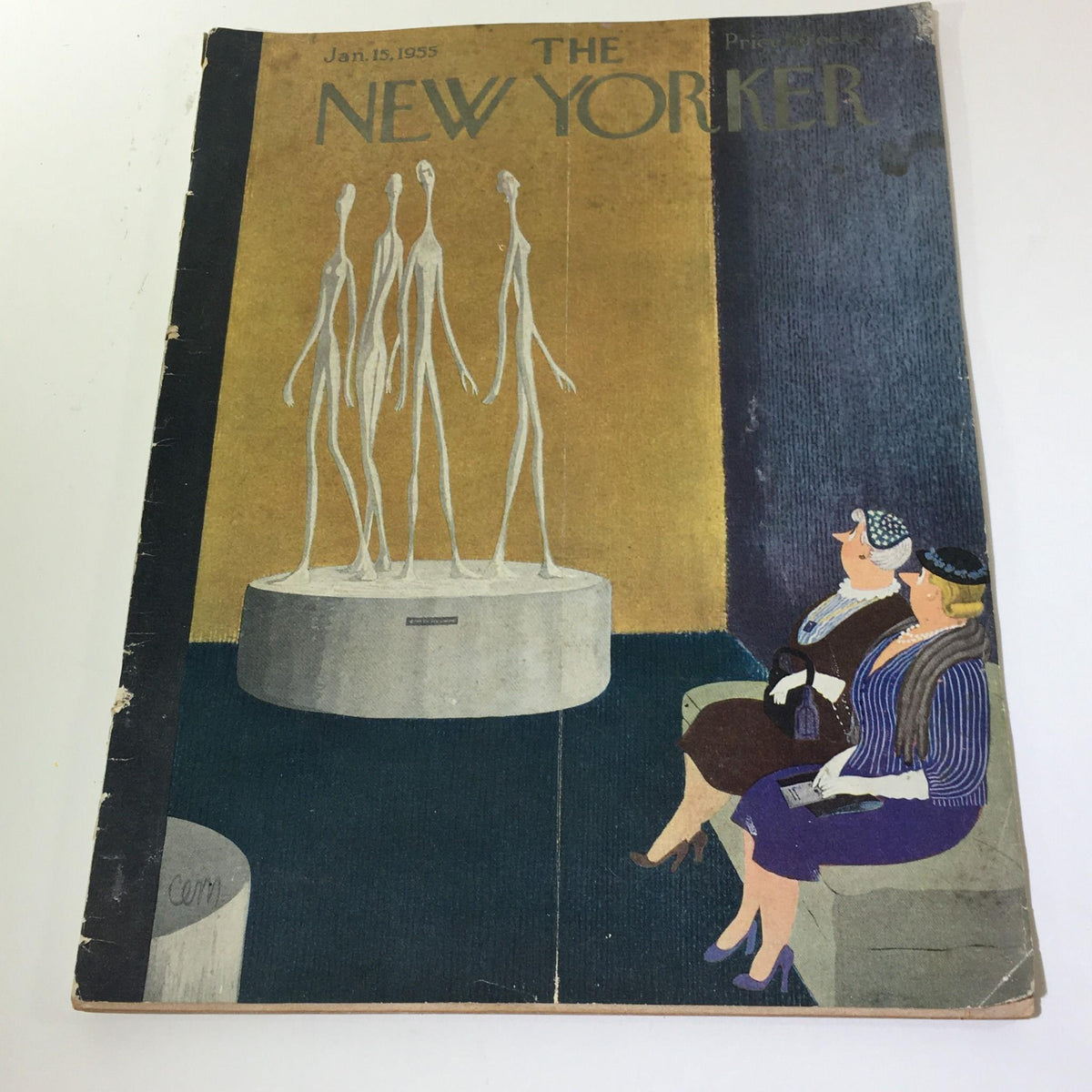 The New Yorker Magazine January 15 1955 Cover featuring a whimsical illustration of two women sitting beside a statue display, showcasing mid-20th century art and culture.
