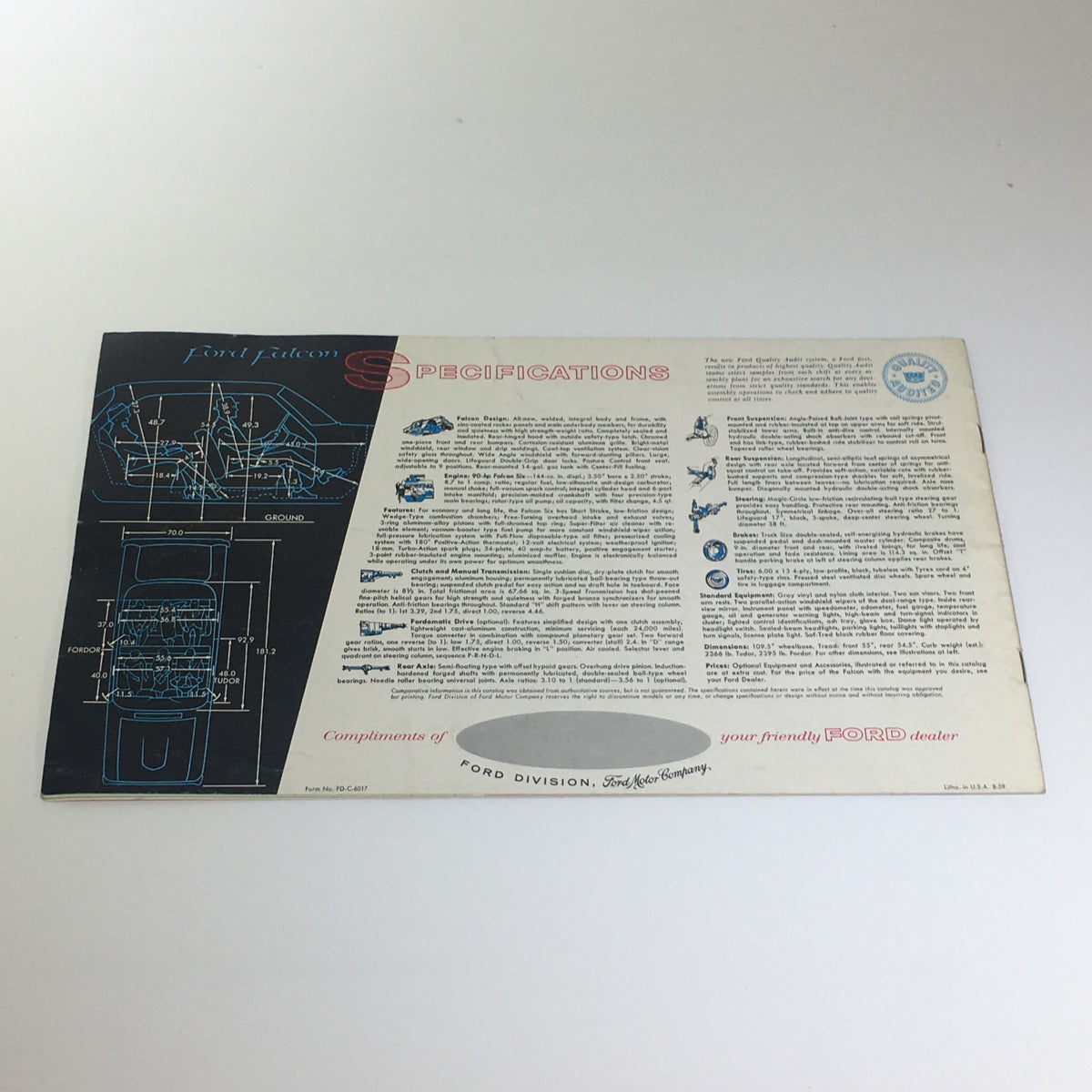 1960 Ford Falcon The New-Size 4-Door 90-HP 144CU Falcon Six Car Catalog Brochure back cover detailing specifications and features of the Ford Falcon.