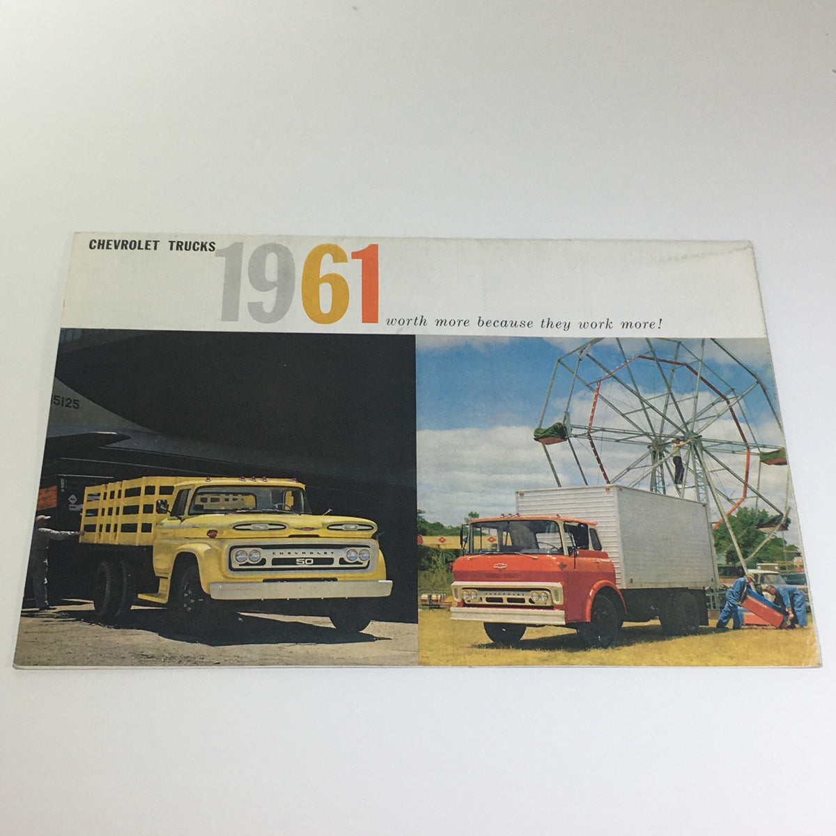 Another page from Chevrolet Trucks of 1961 Models & Specifications Light-Heavy Duty Trucks Catalog displaying a yellow truck and a red delivery truck alongside a ferris wheel.