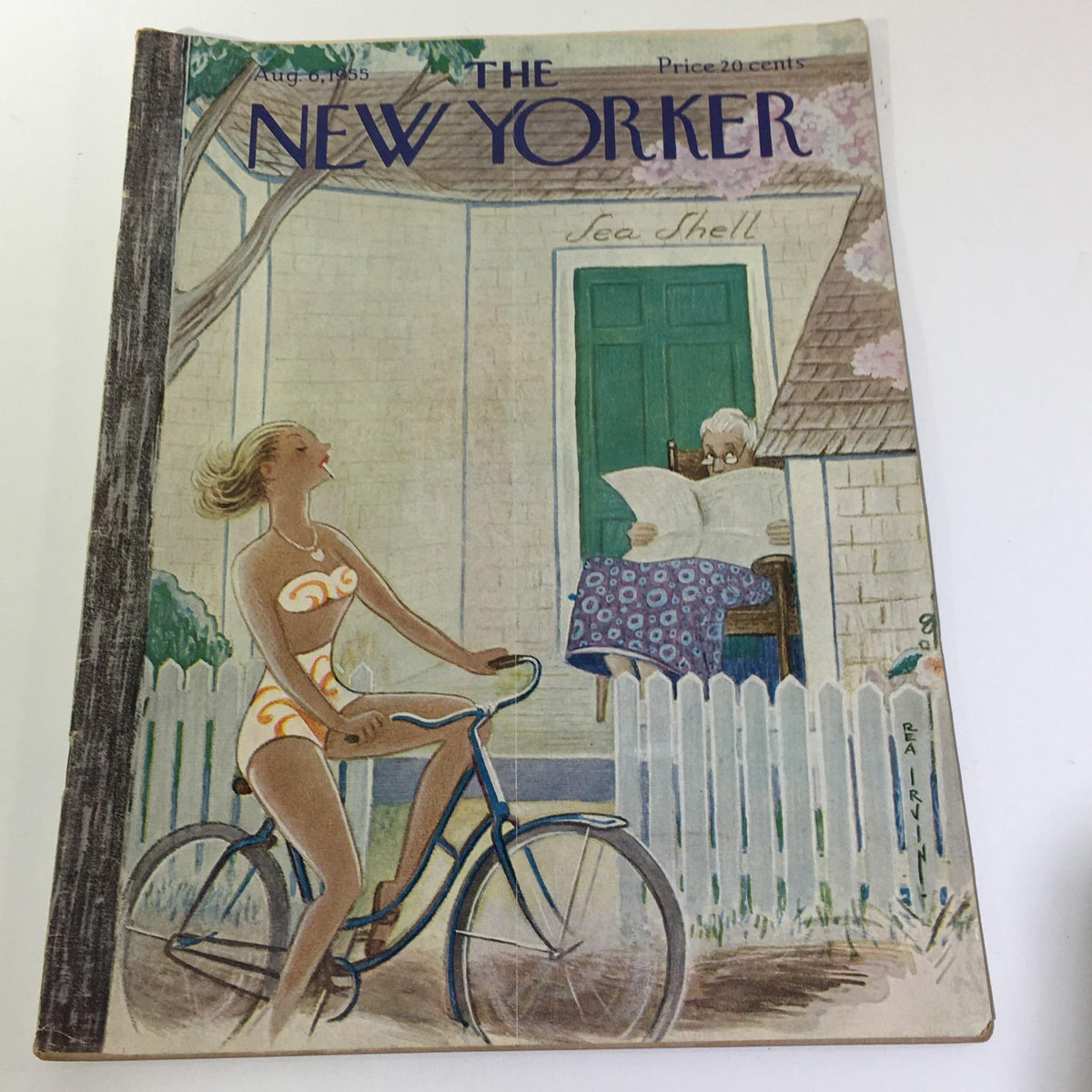 The New Yorker August 6 1955 Full Magazine cover featuring a vintage illustration by Rea Irvin, depicting a woman on a bicycle with a seaside background, capturing the essence of 1950s culture and art.
