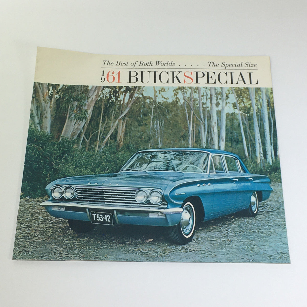 1961 Buick Special New Size 4-Door Sedan and Station Wagon Car Catalog Brochure cover featuring a classic blue Buick Special parked amidst trees.