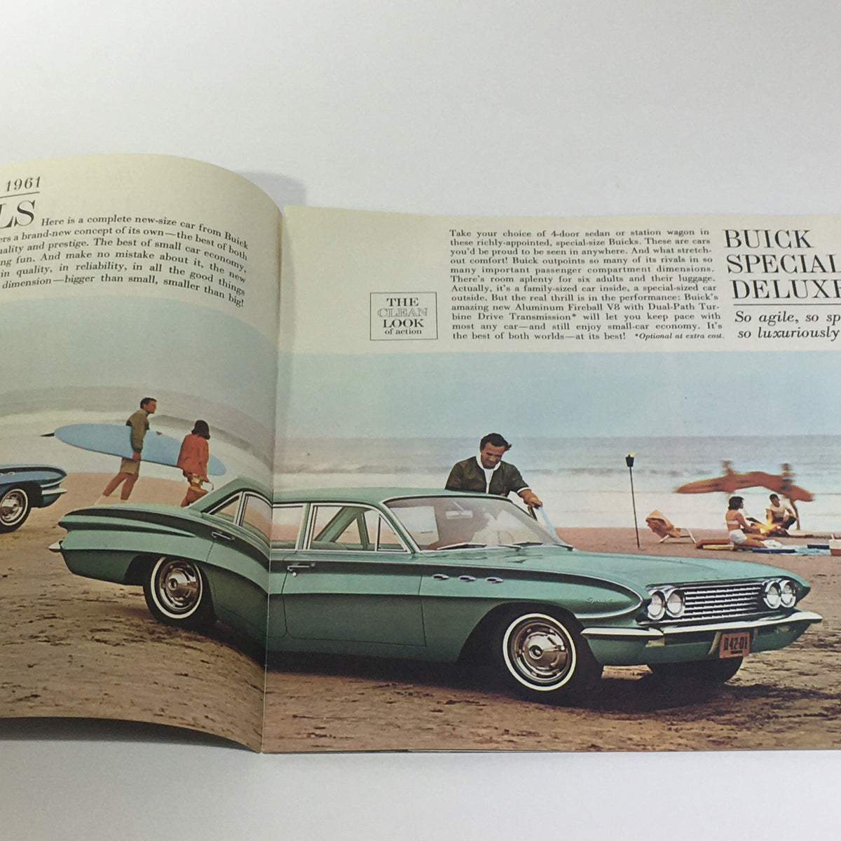 1961 Buick Special New Size 4-Door Sedan and Station Wagon Car Catalog Brochure interior showing a Buick Special Deluxe model at a beach, showcasing style and leisure.