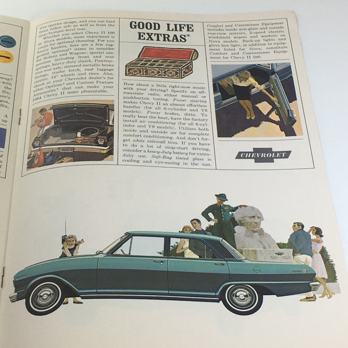 Image from the 1964 Chevy II 100 - Nova Models by Chevrolet brochure featuring a stylish green Chevy II car, showcasing various comfort and convenience options along with a family enjoying their day. This highlights features related to the V-8 engine and extras that enhance the driving experience.