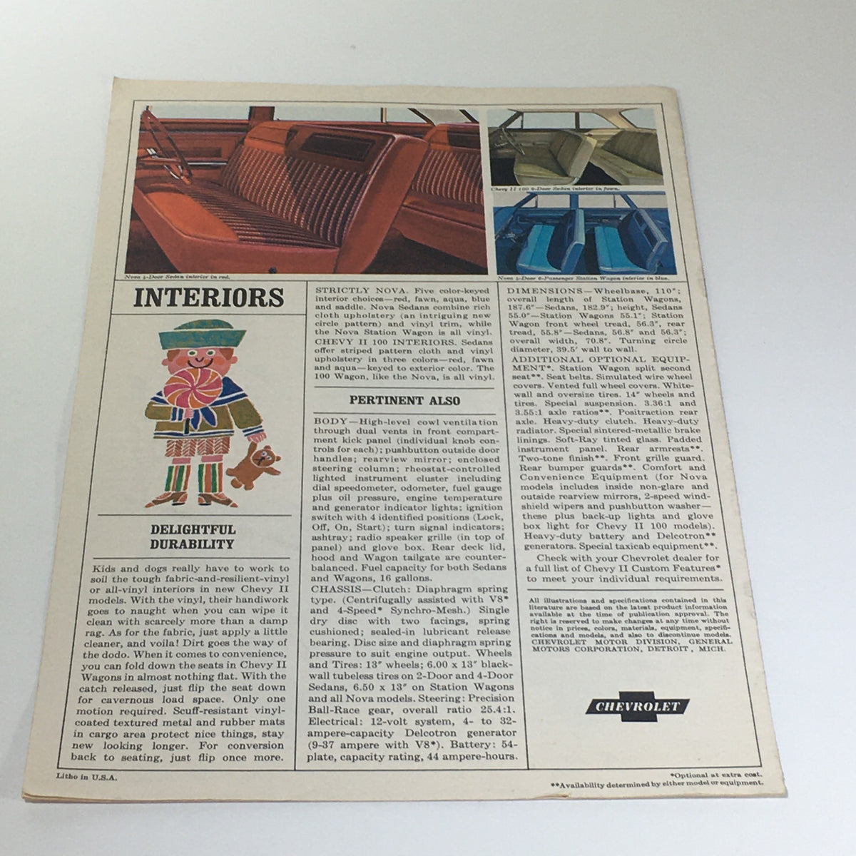 Interior details from the 1964 Chevy II 100 - Nova Models by Chevrolet brochure, displaying the vibrant upholstery options and layout for the Chevy II. This highlights the theme of durability and comfort for all-vinyl interiors, illustrated with a colorful design.