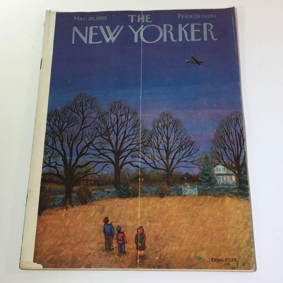 The New Yorker March 26 1955 Full Magazine featuring a serene cover illustration by Edna Eicke, showcasing two children on a grassy landscape under a twilight sky with trees and a distant house.
