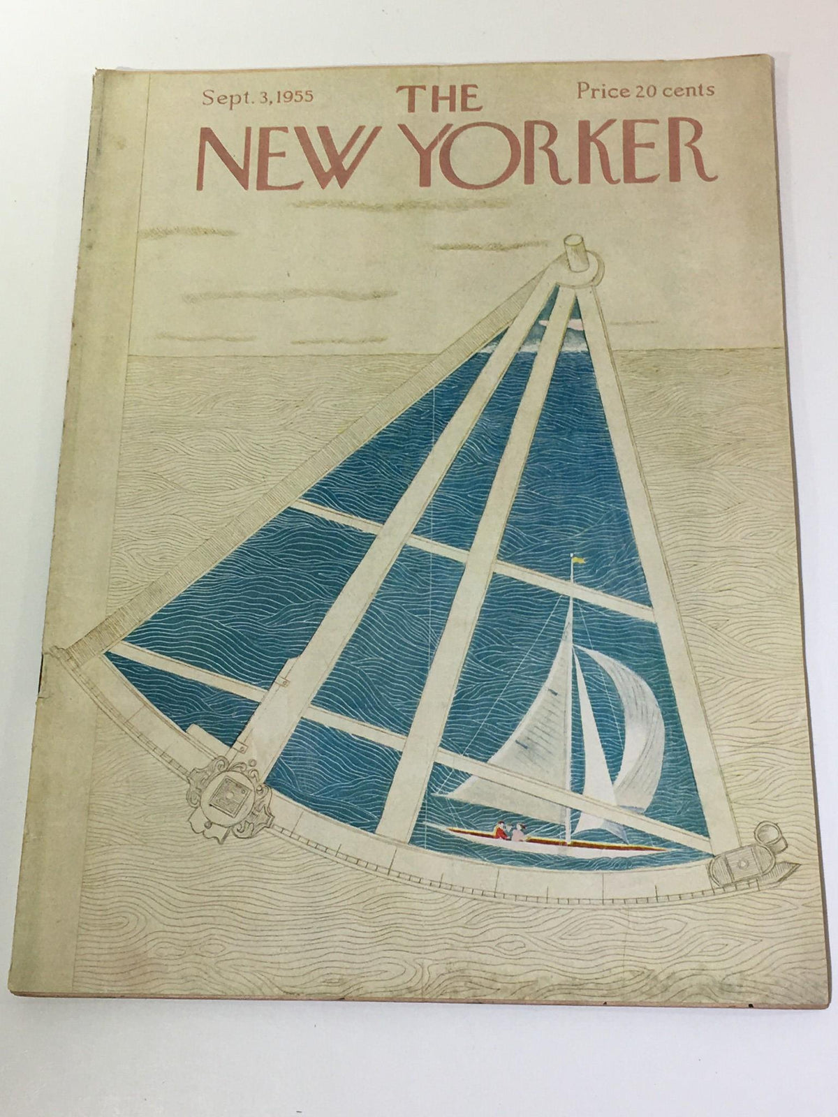 The New Yorker September 3 1955 Full Magazine featuring a nautical-themed cover illustration by Ilonka Karasz, showcasing a sailboat and a distinctive graphic design.