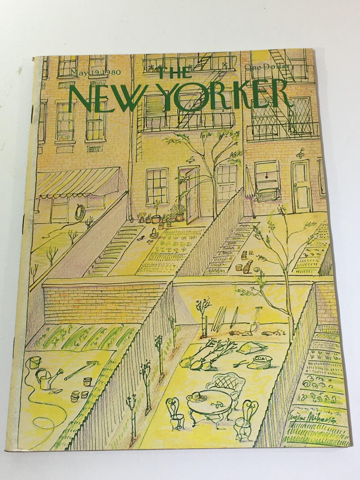 Cover of The New Yorker Magazine from May 19, 1980, designed by Eugène Mihaesco, featuring a vibrant illustration capturing urban gardens and architecture.