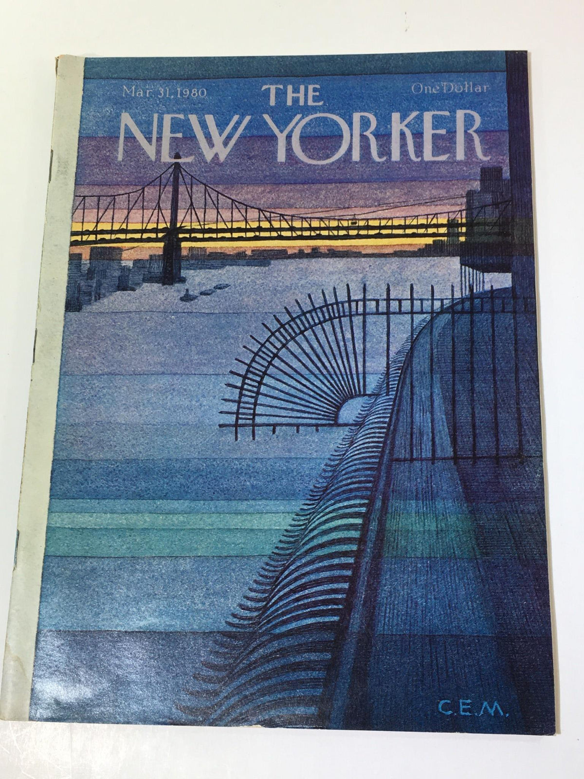 Cover art of The New Yorker Magazine from March 31, 1980, designed by Charles E. Martin featuring a stylized depiction of a bridge and water, showcasing a blend of vibrant colors.
