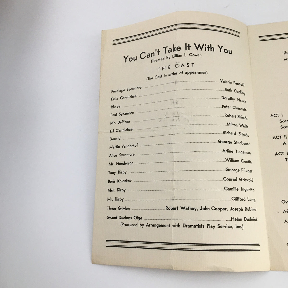Inside 'You Can't Take It With You' program from the 1940 Bushwick Auditorium detailing the cast and directed by Lillian C. Cowan, part of a production by Bushwick High School.