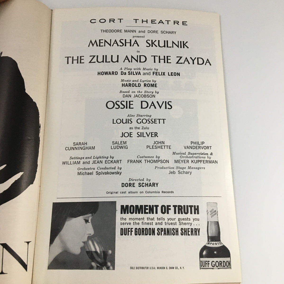 Inside page of the 1965 Playbill for 'The Zulu and The Zayda' showcasing the cast and creative team, including Ossie Davis and Joe Silver.