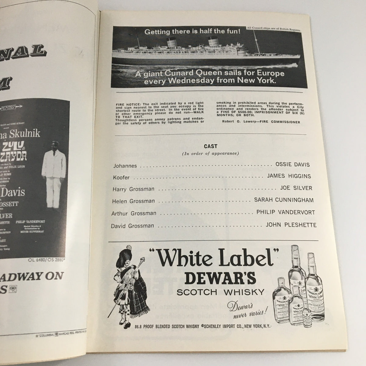 Another inside page of the 1965 Playbill for 'The Zulu and The Zayda' listing cast members and advertisements from the era.