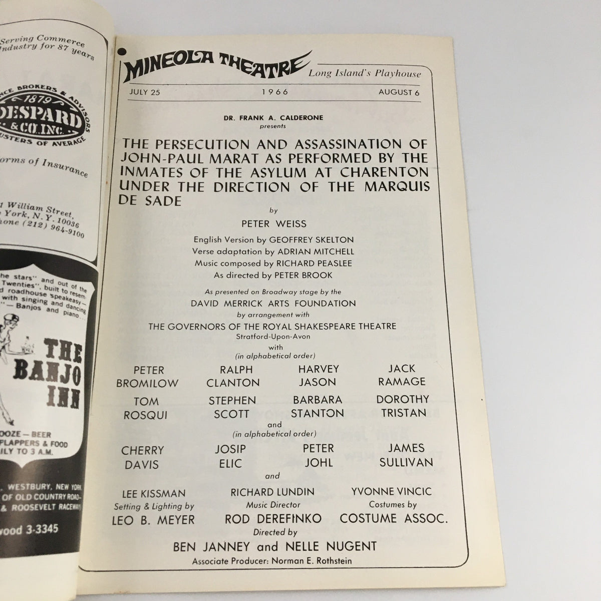 1966 Mineola Theatre Long Island Playhouse 'Marat / De Sade' Peter Bromilow