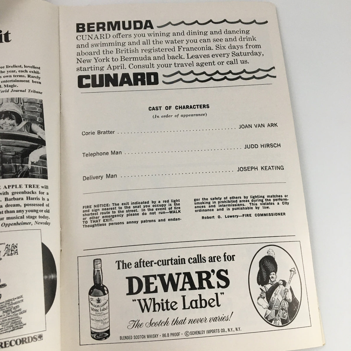 Character cast page from the 1967 Playbill for 'Barefoot in the Park', detailing the cast of characters and featuring advertisements related to the production.