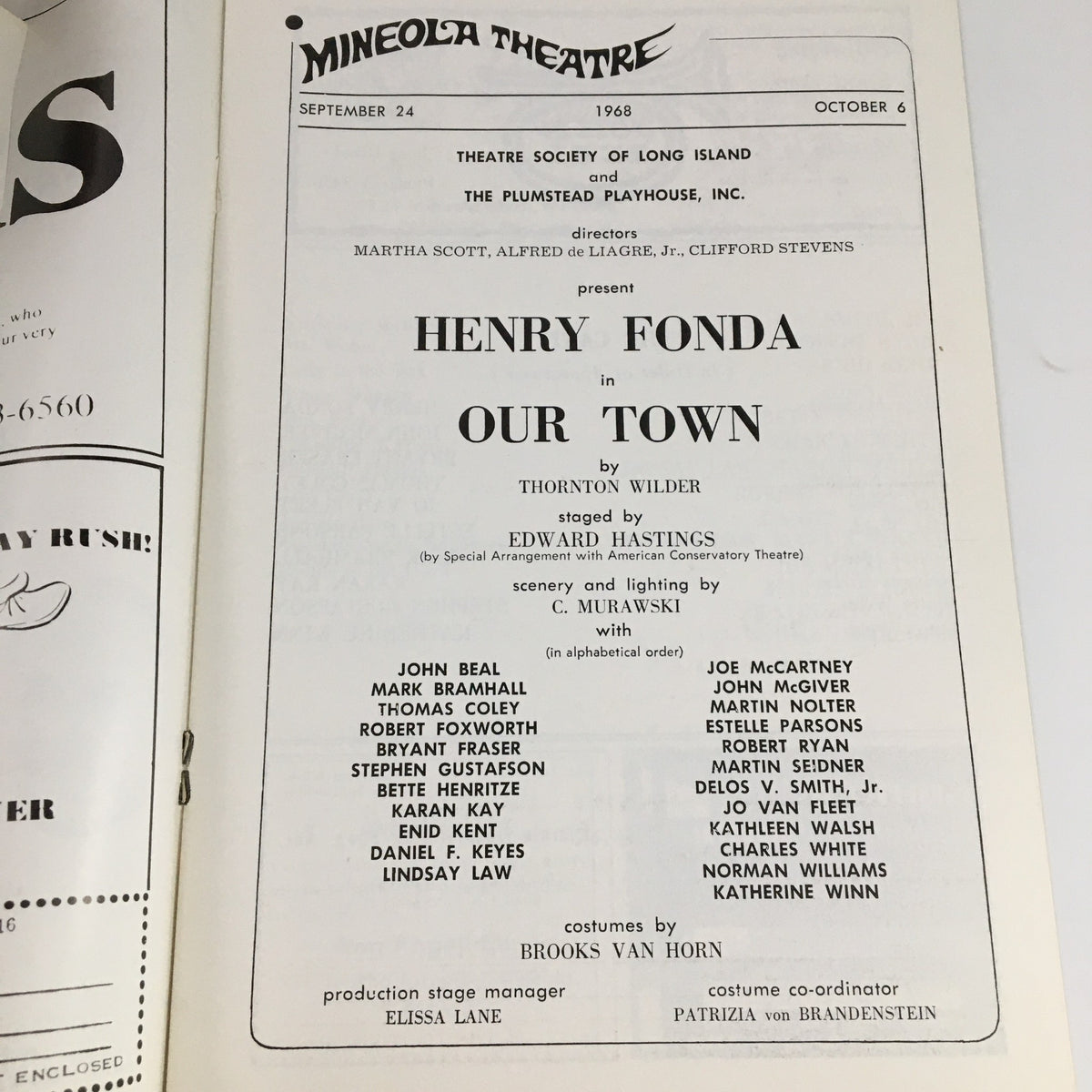 1968 Mineola Theatre Inaugural Season program page featuring cast and production details for 'Our Town' directed by Joe McCartney.