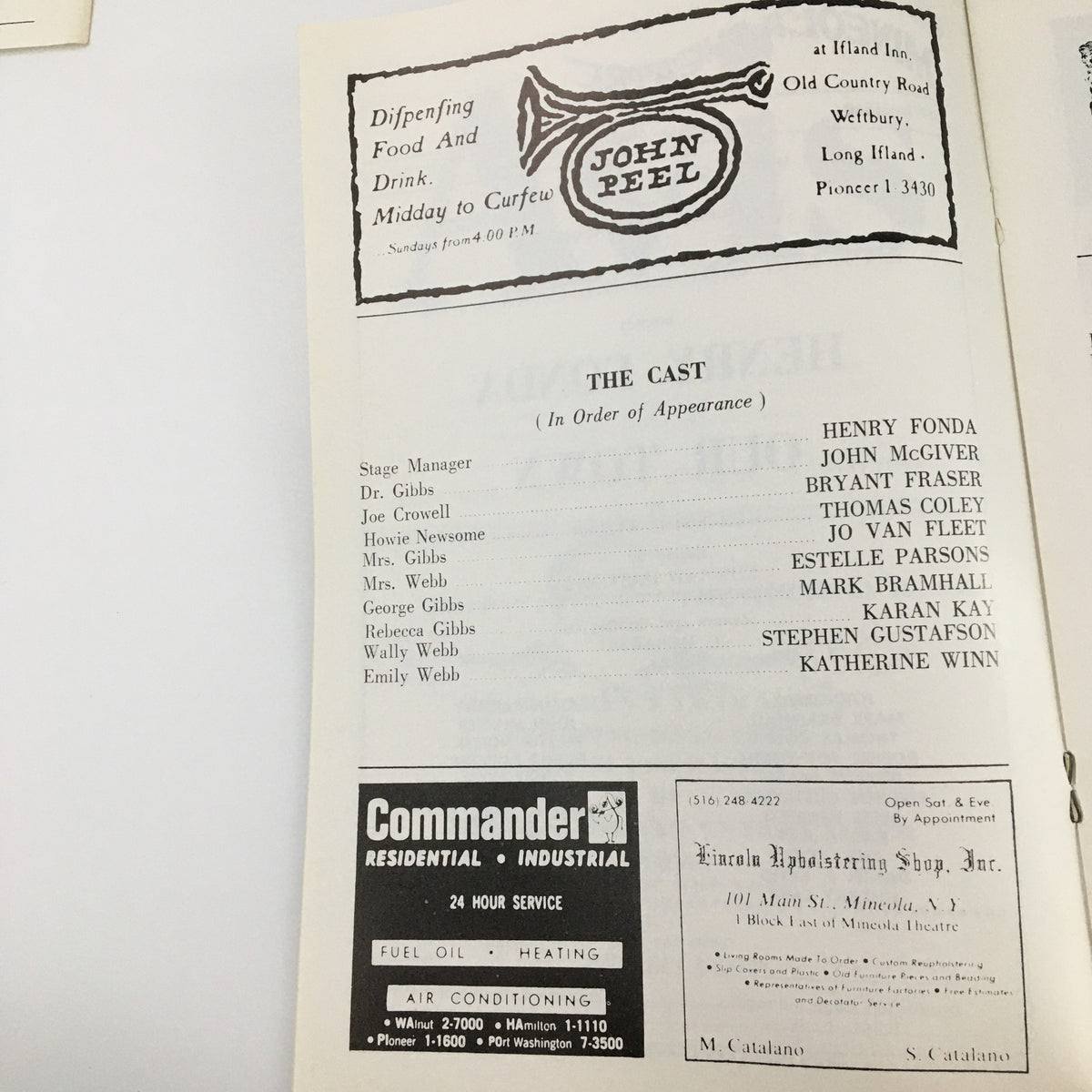1968 Mineola Theatre Inaugural Season Program for 'Our Town' featuring the cast list including Henry Fonda and directed by Joe McCartney, showcasing a vintage design.