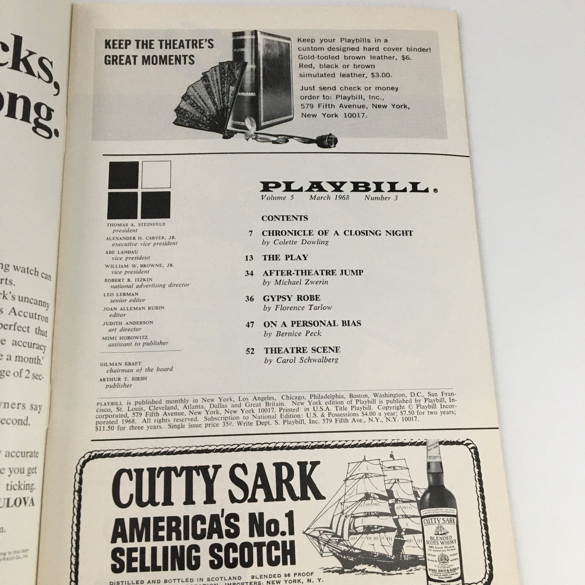 Inside page of the 1968 Playbill for 'The Price' featuring contents and advertisements, highlighting the publication information and the theatre's offerings.