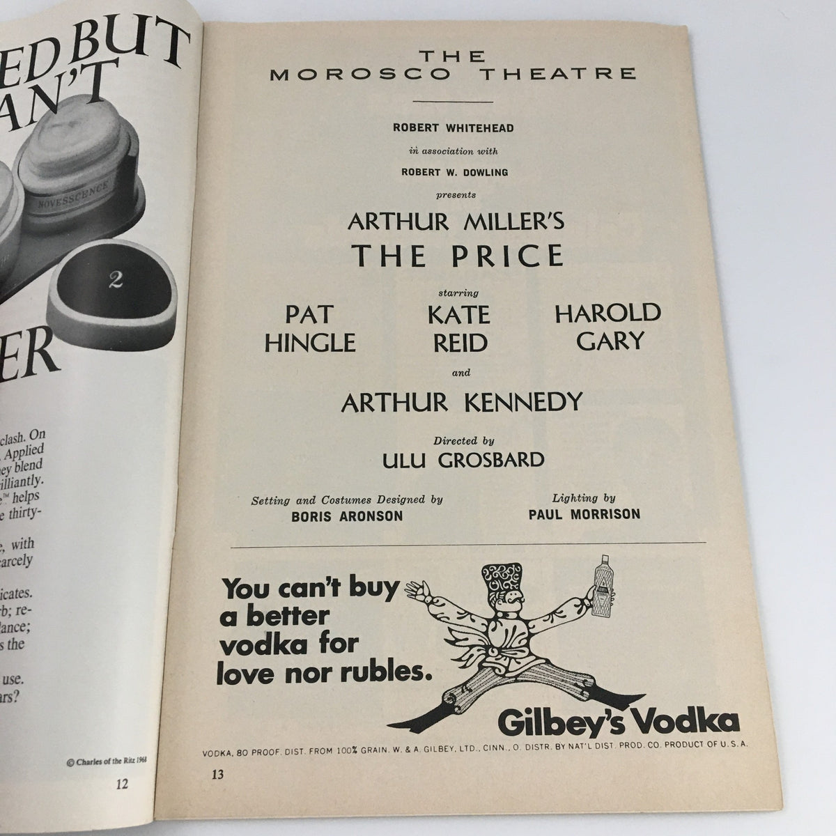 1968 Playbill for 'The Price' at the Morosco Theatre, featuring cast members Pat Hingle, Kate Reid, Harold Gary, and Arthur Kennedy, directed by Ulu Grosbard.