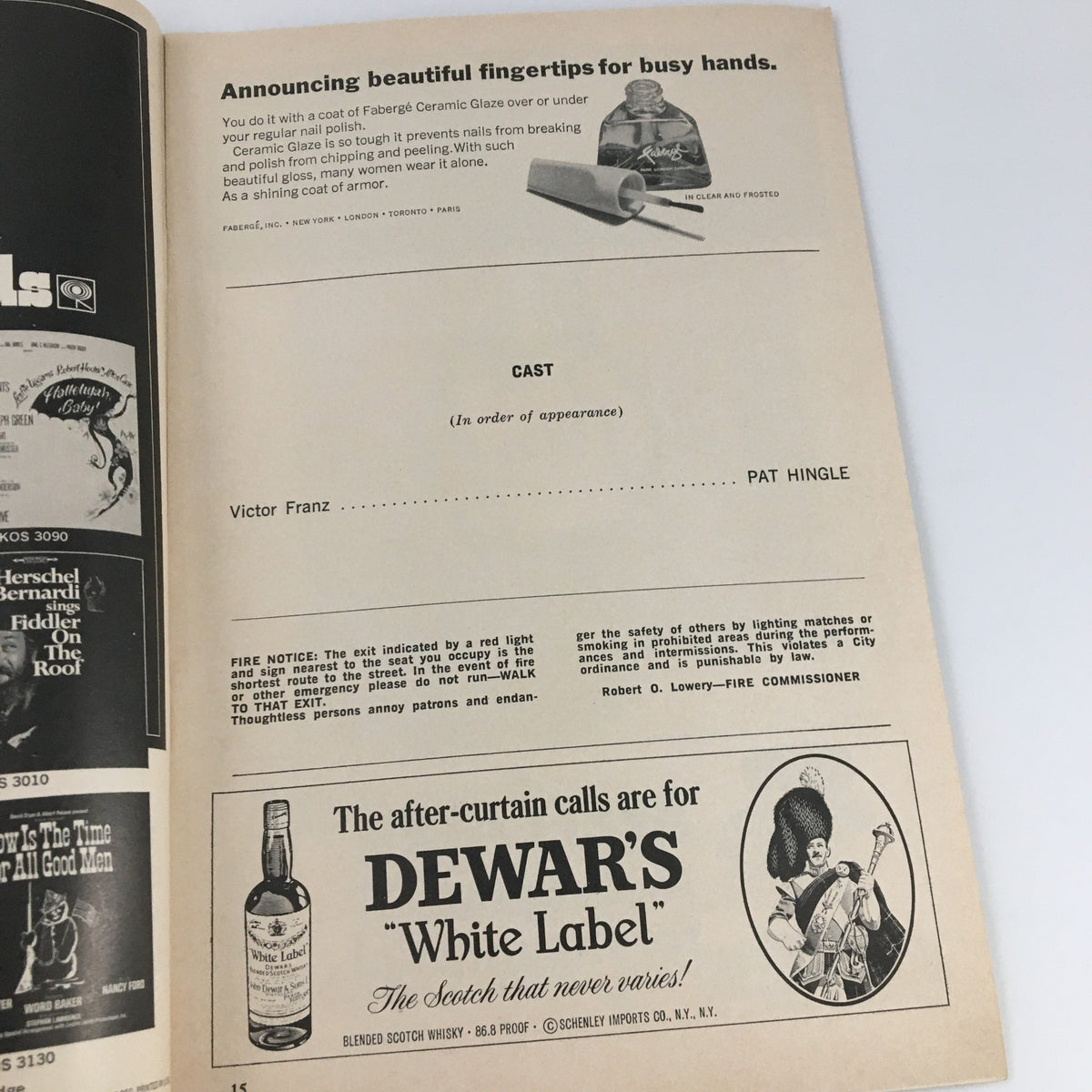 Inner page of the 1968 Playbill for 'The Price', listing Pat Hingle as Victor Franz, with advertisements for Fabergé and Dewar's White Label whisky.