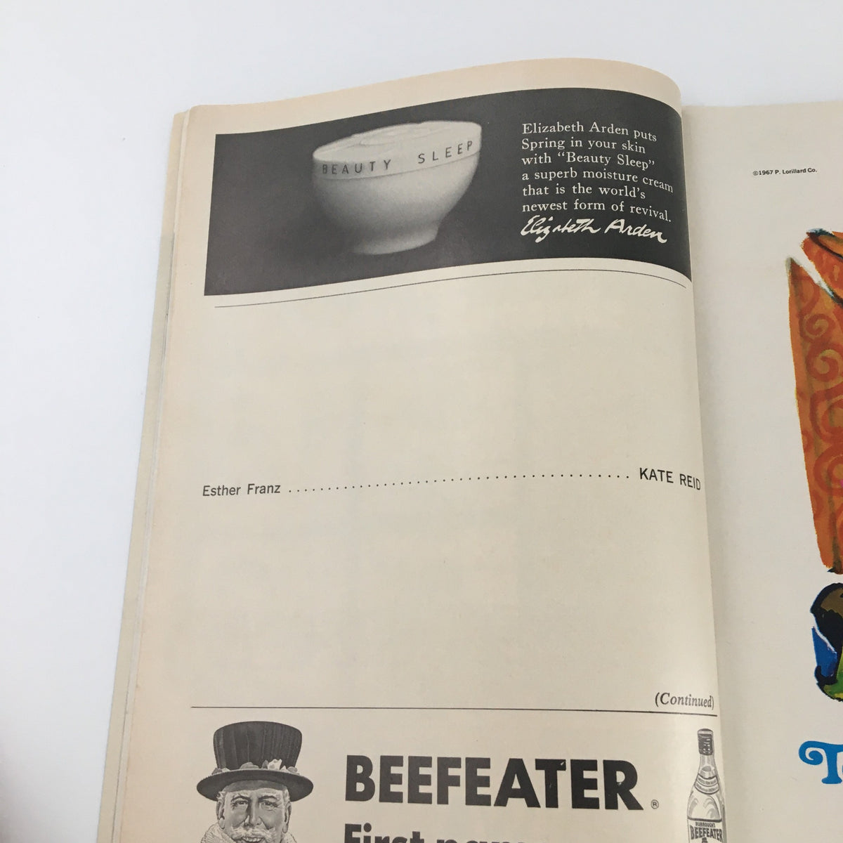 Another inner page of the 1968 Playbill for 'The Price', highlighting character Esther Franz portrayed by Kate Reid, accompanied by an advertisement for Elizabeth Arden's Beauty Sleep product.