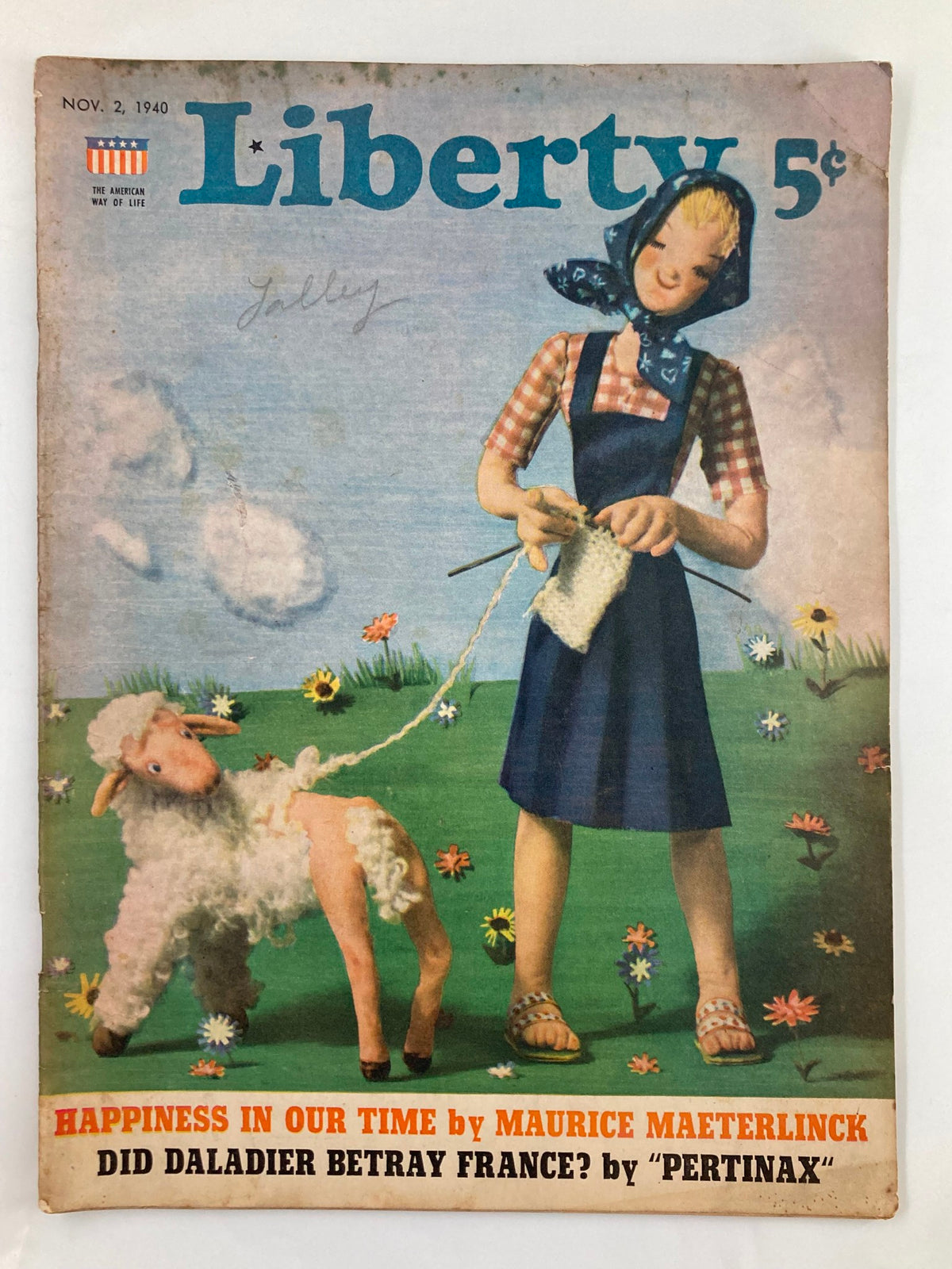 Cover of VTG Liberty Magazine from November 2, 1940, featuring a girl in a dress and headscarf holding a knitting project beside a sheep, with the title 'Happiness in Our Time' and other notable articles.