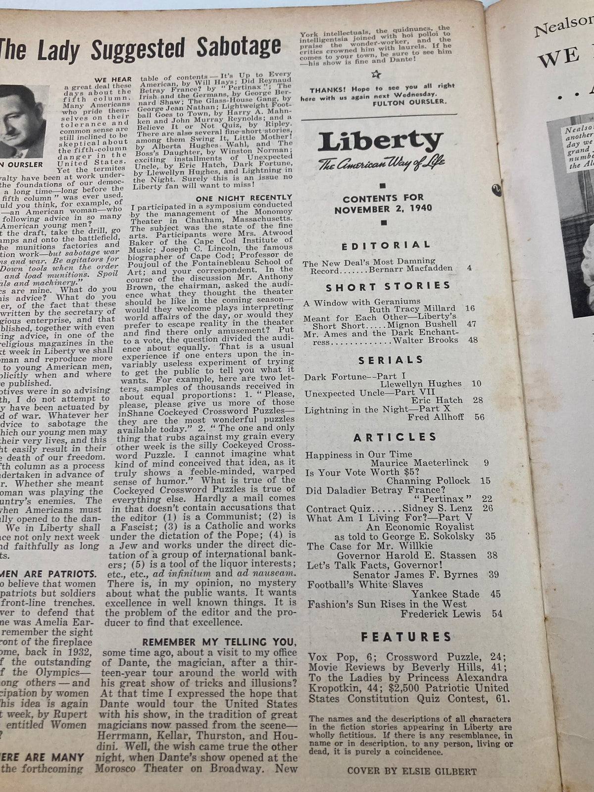 Table of contents from VTG Liberty Magazine November 2, 1940, listing articles including "Happiness in Our Time" and various features of the issue.