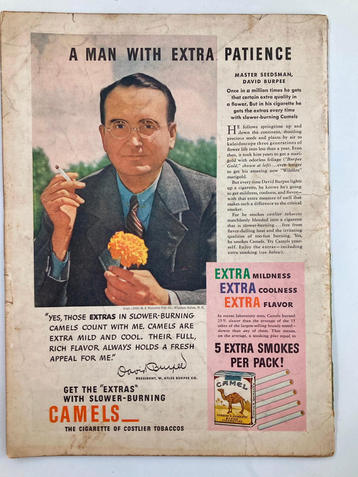 Back cover of VTG Liberty Magazine November 2, 1940, with an advertisement for slower-burning Camels cigarettes featuring David Burpee, highlighting vintage advertising styles.