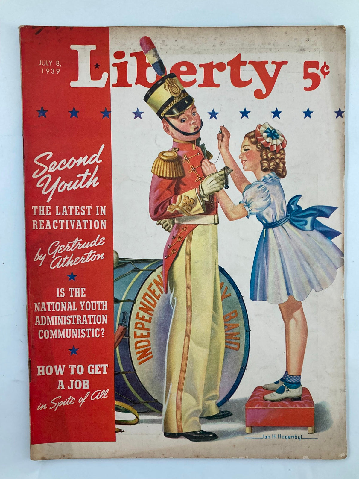 Vintage Liberty Magazine cover from July 8, 1939, featuring the title 'How To Get A Job in Spite of All', illustrated with a soldier and a young girl.