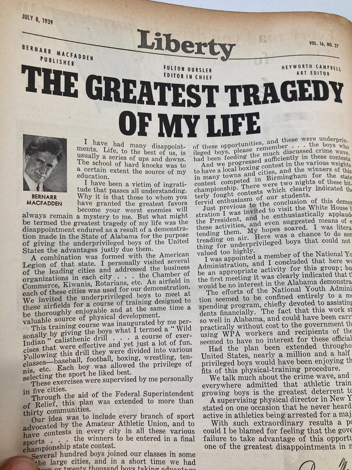 Interior page of VTG Liberty Magazine July 8 1939 featuring the article 'The Greatest Tragedy of My Life' by Bernarr Macfadden discussing personal experiences related to education and opportunity.