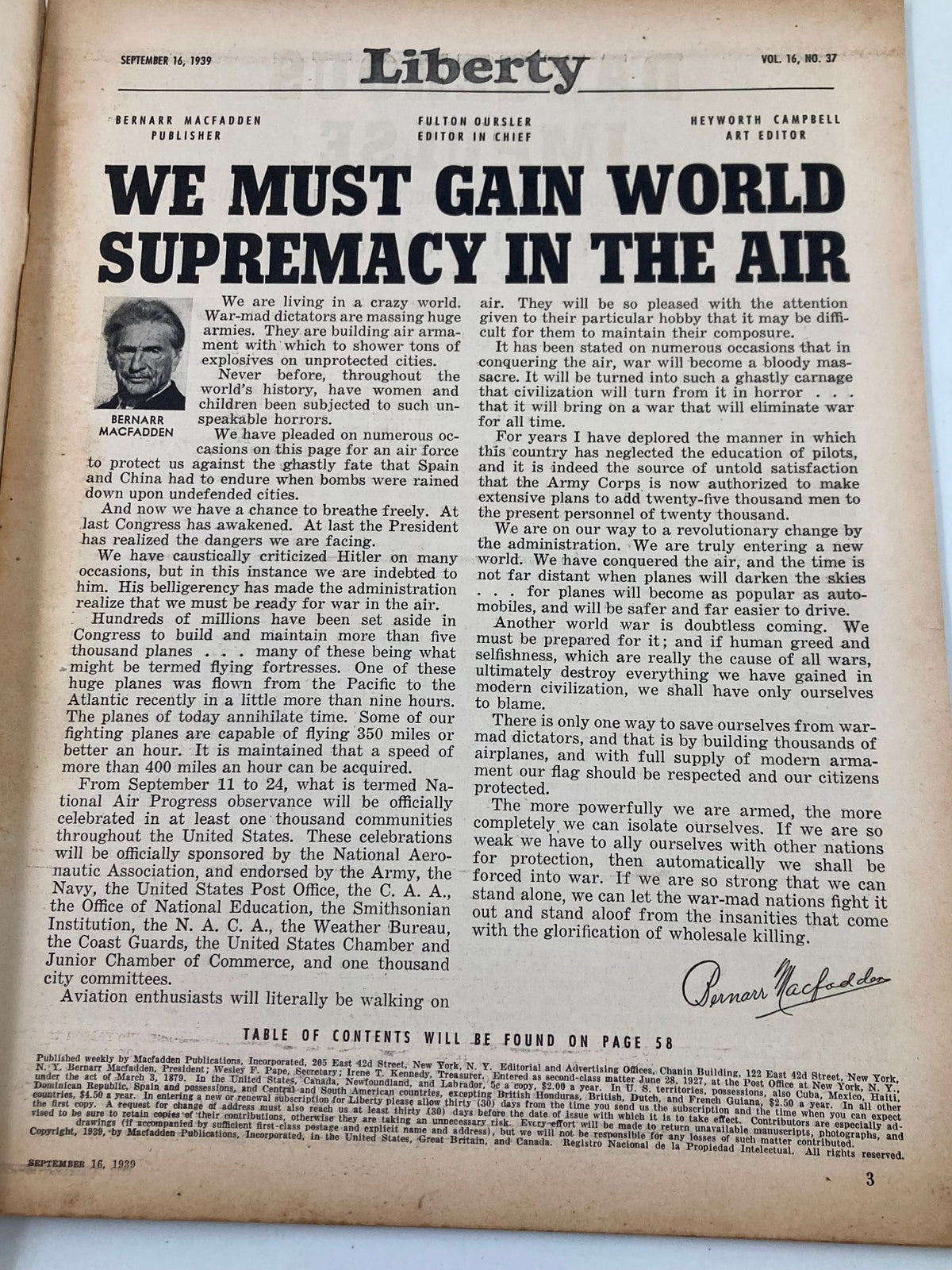 Interior page of VTG Liberty Magazine September 16 1939 displaying an editorial titled 'We Must Gain World Supremacy in the Air,' highlighting significant wartime perspectives.