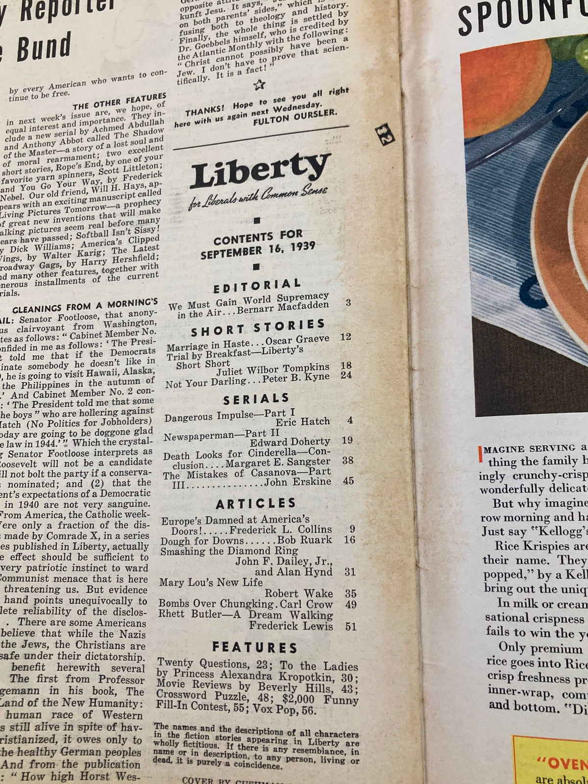 Table of contents from VTG Liberty Magazine September 16 1939, featuring various articles and stories, offering insight into the publication's diverse topics during a tumultuous historical period.