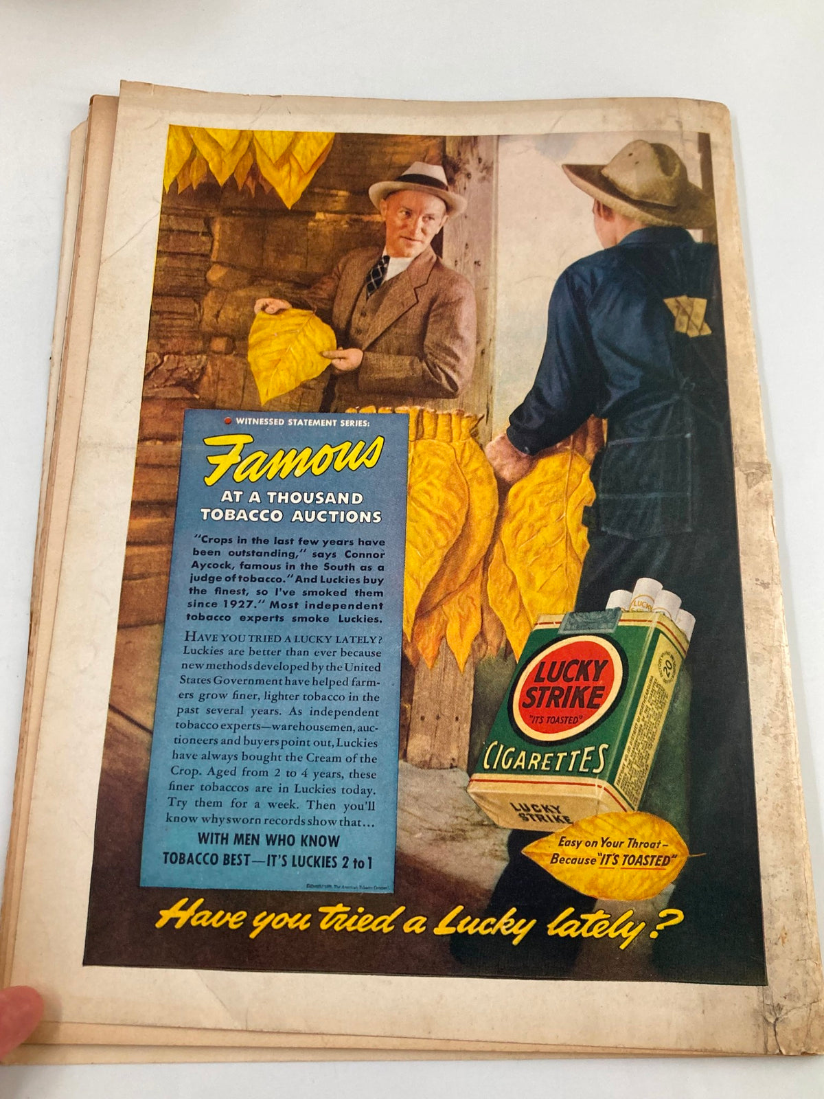 Vintage advertisement from VTG Liberty Magazine August 19 1939, depicting tobacco auctions and promoting Lucky Strike cigarettes.