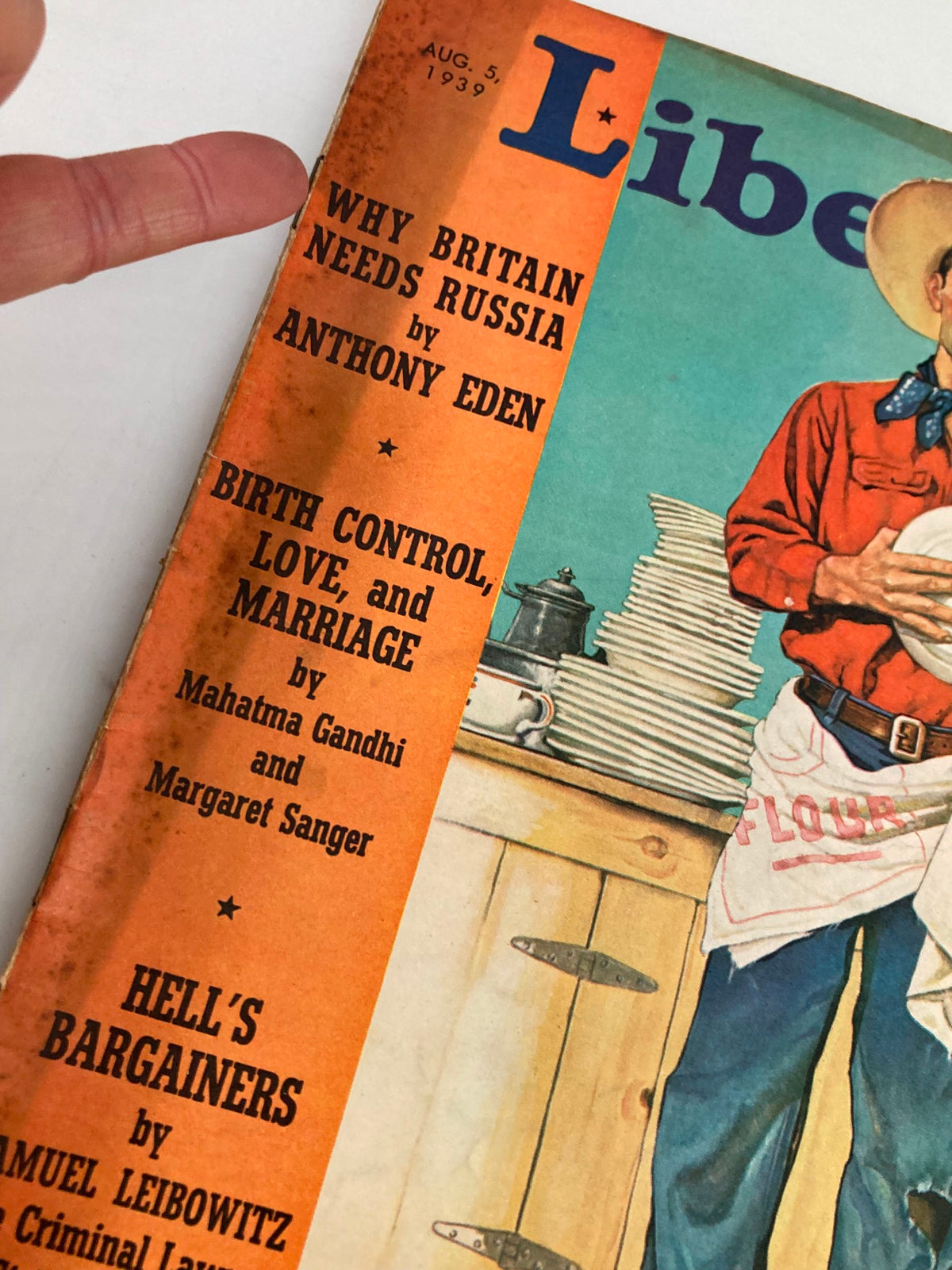 Close-up of the VTG Liberty Magazine August 5, 1939 cover, highlighting the article titles including 'Why Britain Needs Russia' by Anthony Eden.