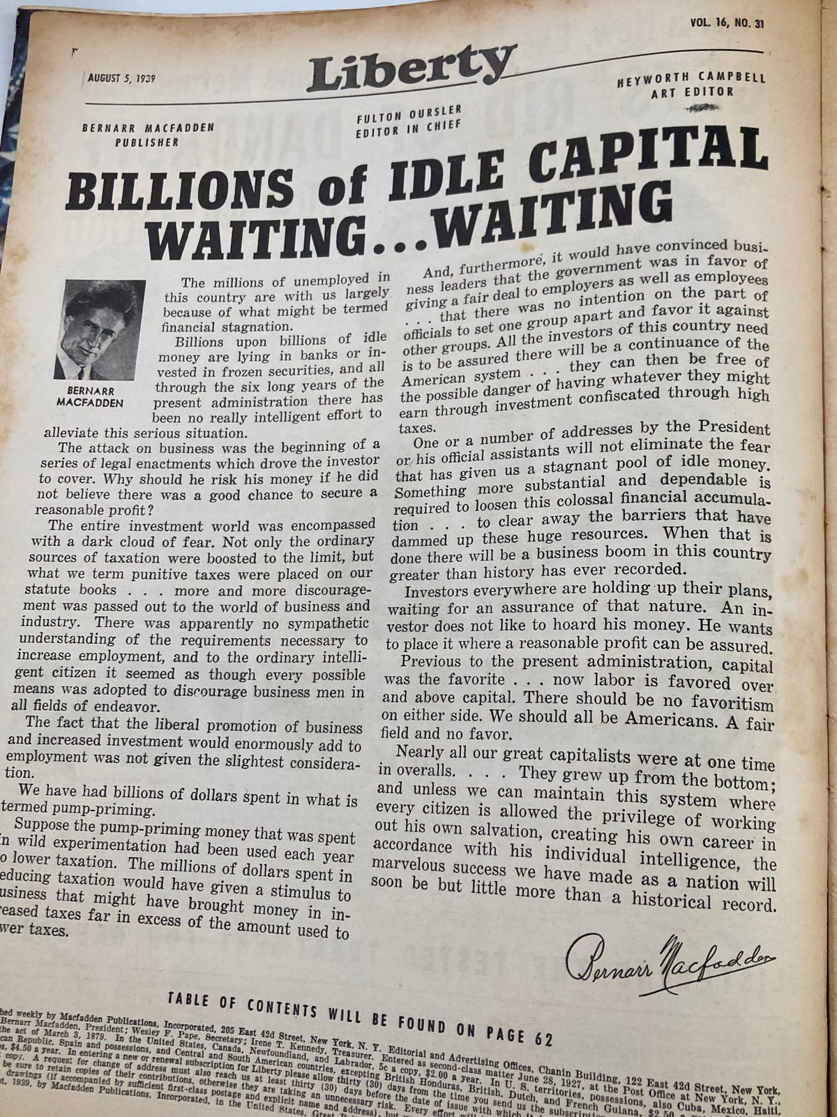 Interior page of the VTG Liberty Magazine August 5, 1939 featuring an article titled 'Billions of Idle Capital Waiting...Waiting' by Bernarr Macfadden.