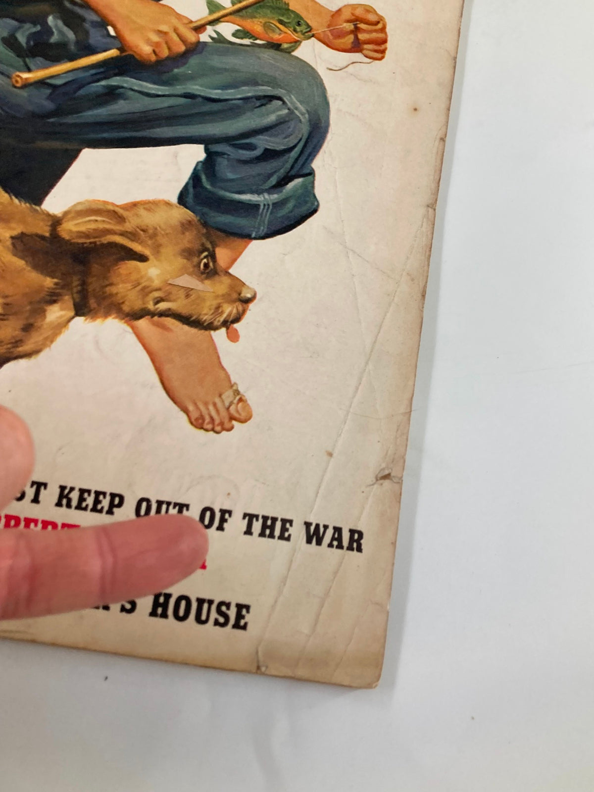 Close-up of the cover of VTG Liberty Magazine June 15 1940, highlighting a boy holding a fishing rod and a dog. The text 'Two Great Reasons Why We Must Keep Out of the War by Ex-President Herbert Hoover' is visible.