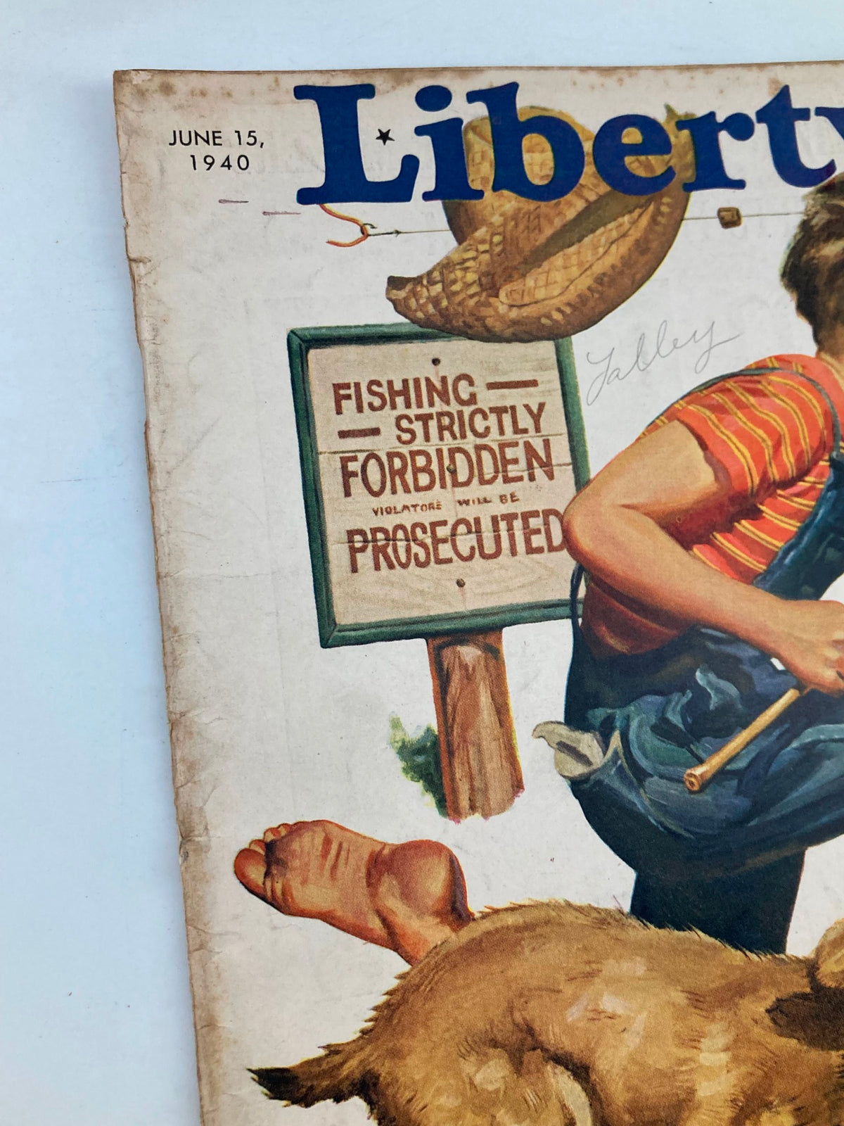 Detailed view of VTG Liberty Magazine June 15 1940 cover, featuring a warning sign 'Fishing Strictly Forbidden' and the boy's feet. The magazine title reads 'Upstairs and Down in Hitler's House'.