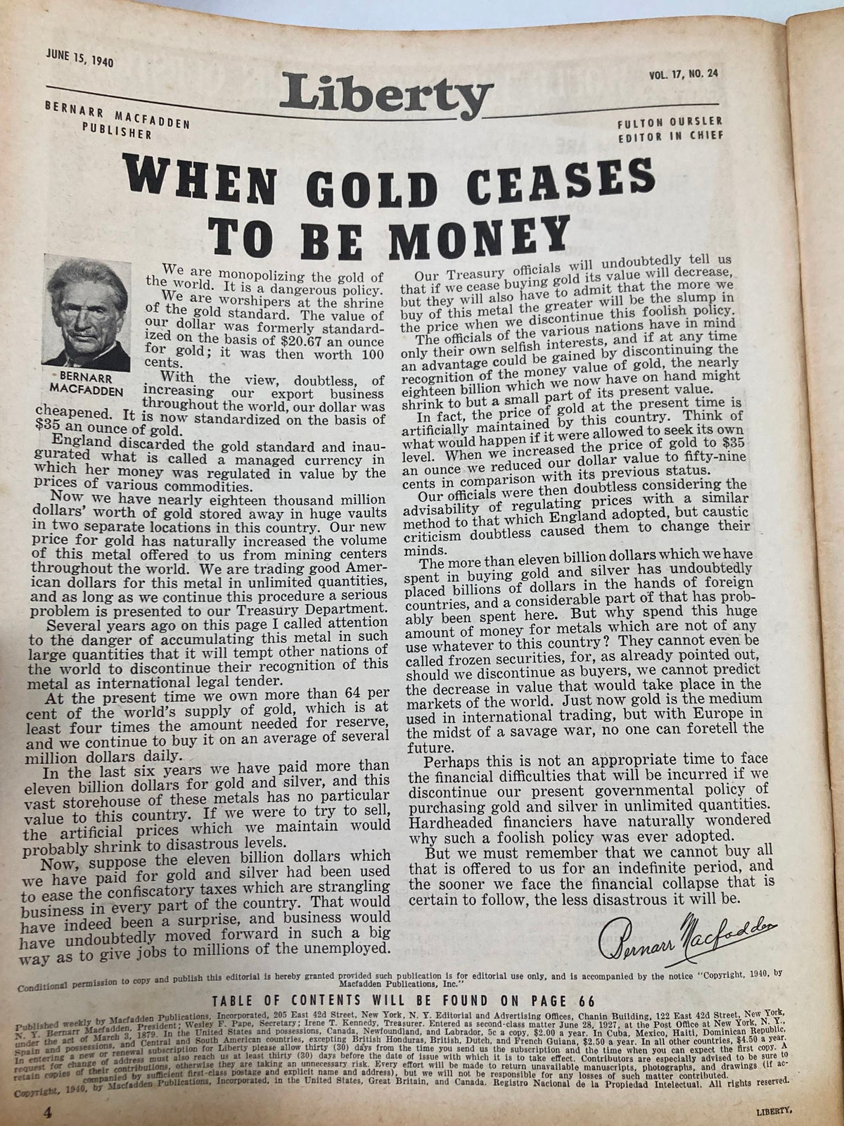 VTG Liberty Magazine June 15 1940 cover featuring an editorial titled 'When Gold Ceases to Be Money' by Bernard Macfadden, with a clear view of the magazine's title and editorial details.
