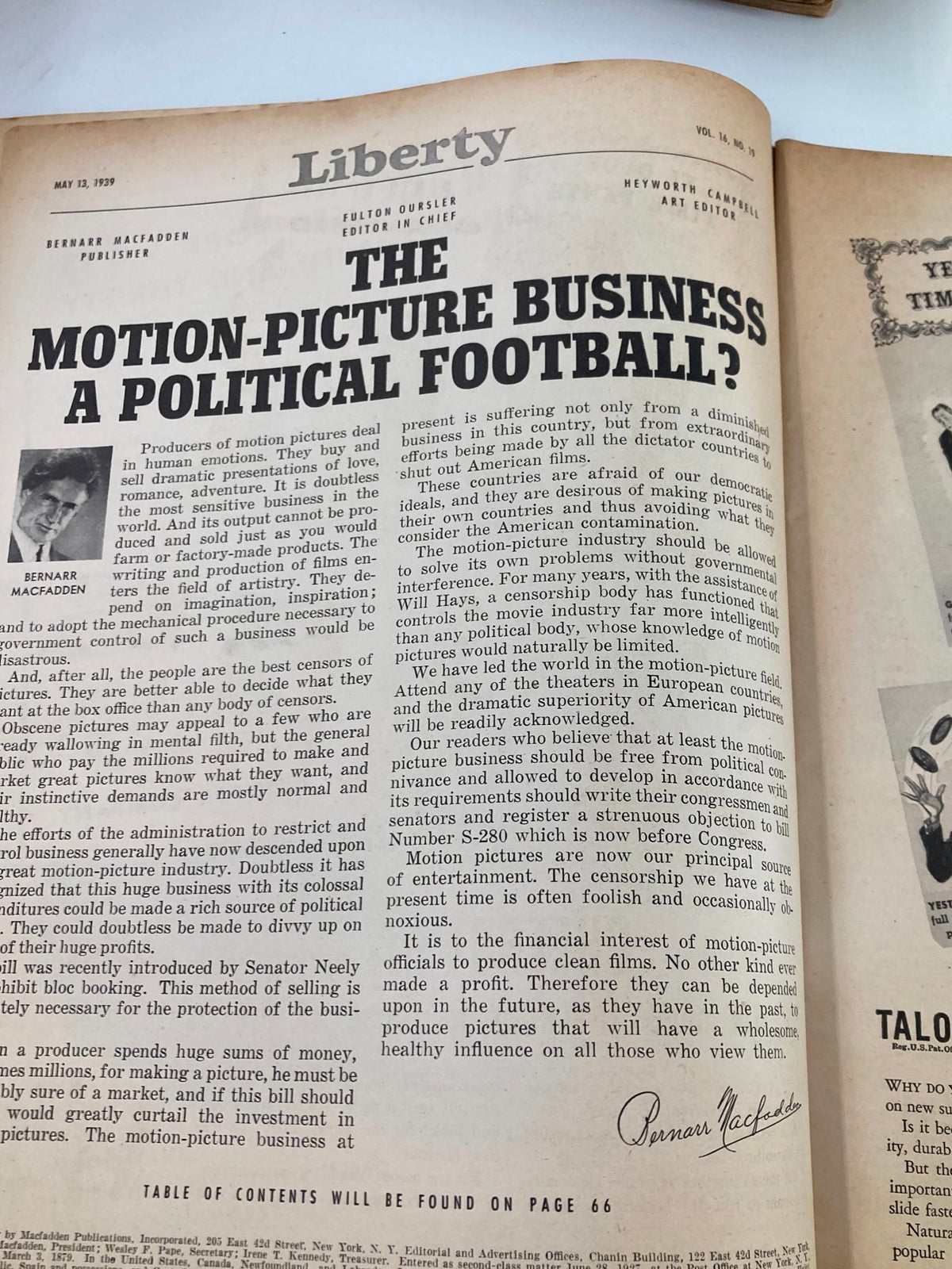 Interior page of the VTG Liberty Magazine May 13 1939 discussing 'The Motion-Picture Business: A Political Football?', detailing the film industry's challenges at that time.