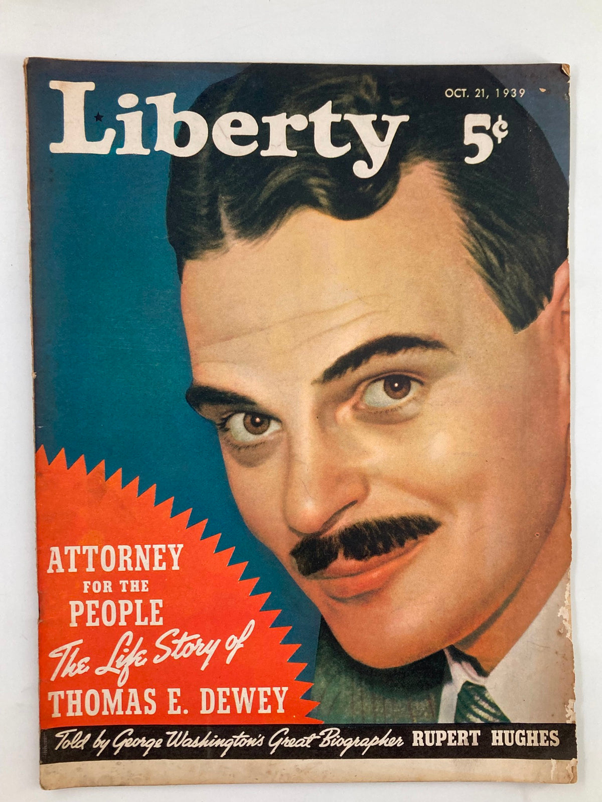 Cover of VTG Liberty Magazine, October 21, 1939, featuring a portrait of Thomas E. Dewey with the text 'Attorney for the People: The Life Story of Thomas E. Dewey'.