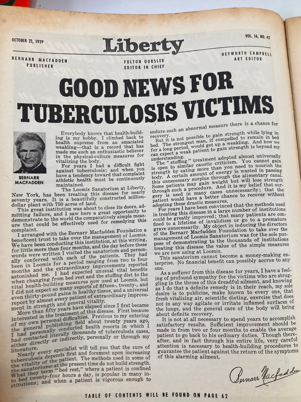 Inside page of VTG Liberty Magazine, October 21, 1939, titled 'Good News for Tuberculosis Victims' written by Bernarr Macfadden, discussing health and wellness.