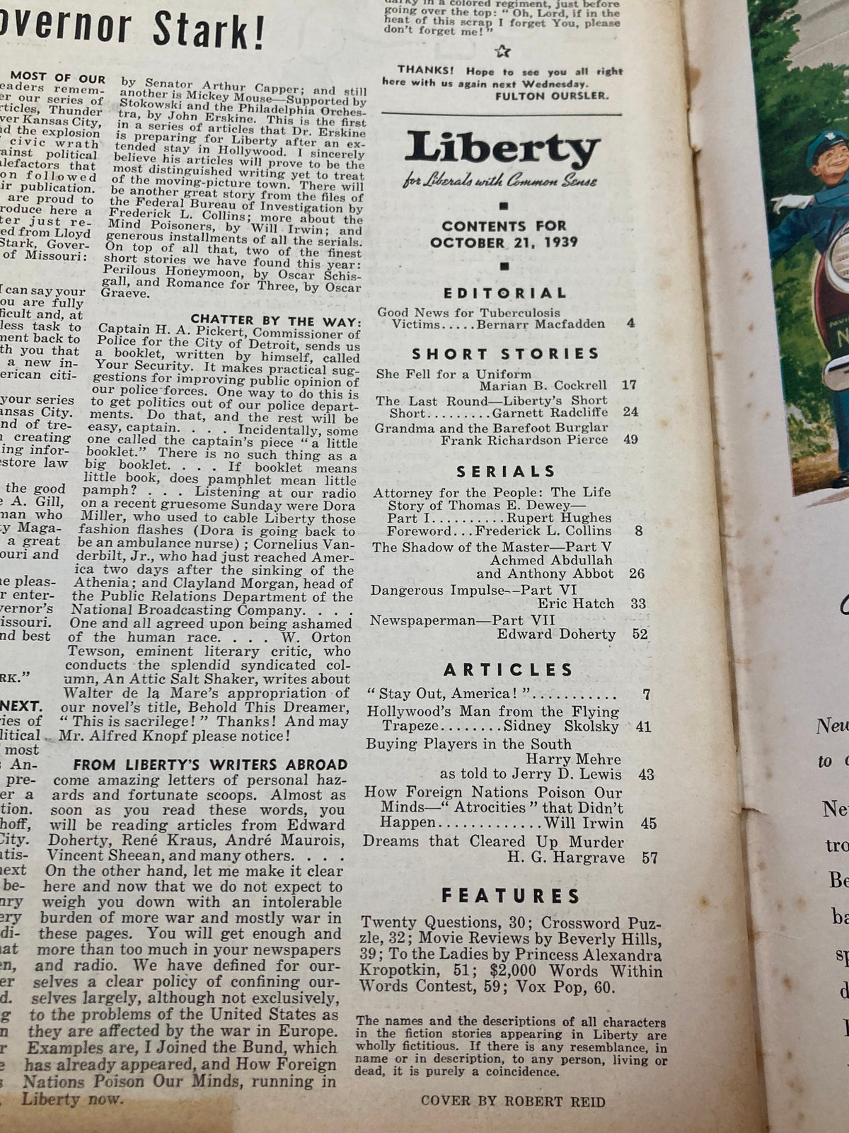 Table of contents from VTG Liberty Magazine, October 21, 1939, listing articles including 'Attorney for the People: The Life Story of Thomas E. Dewey' and various short stories.