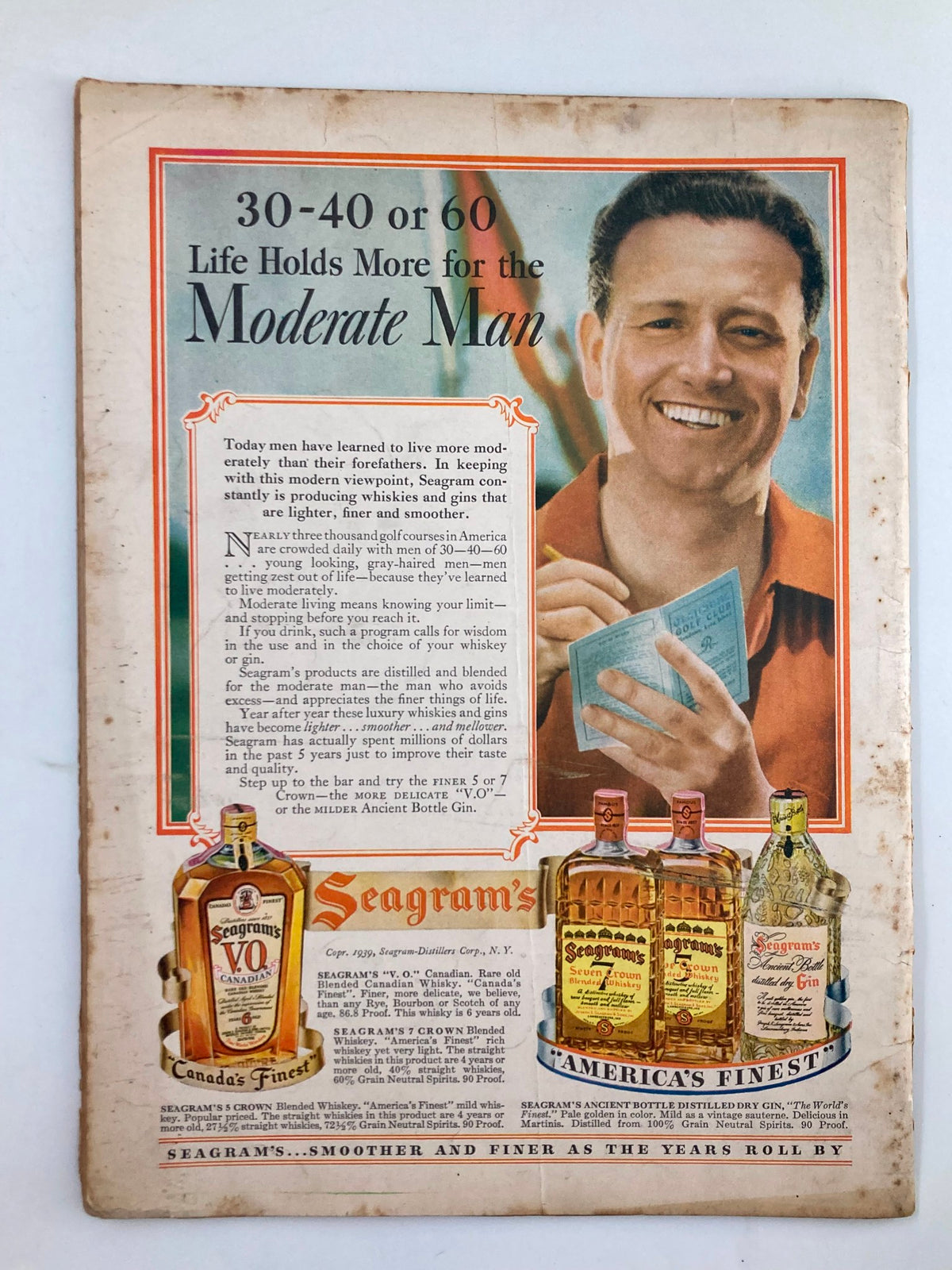 Back cover of VTG Liberty Magazine, October 21, 1939, showcasing an advertisement for Seagram's products with the phrase 'America's Finest'.