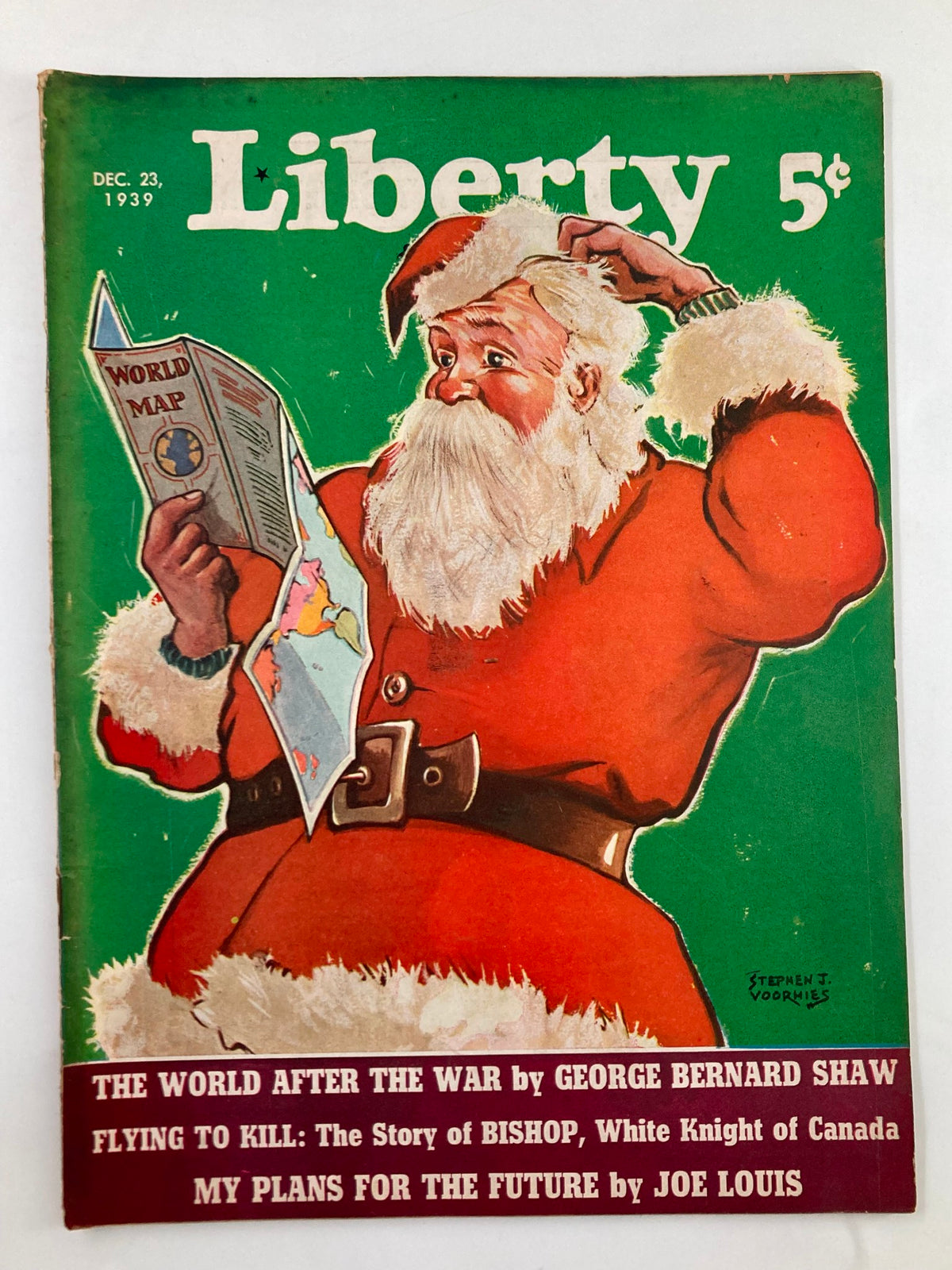 VTG Liberty Magazine December 23 1939 cover featuring Santa Claus reading a world map, titled 'The World After The War' with illustrations and details of articles by George Bernard Shaw and Joe Louis.