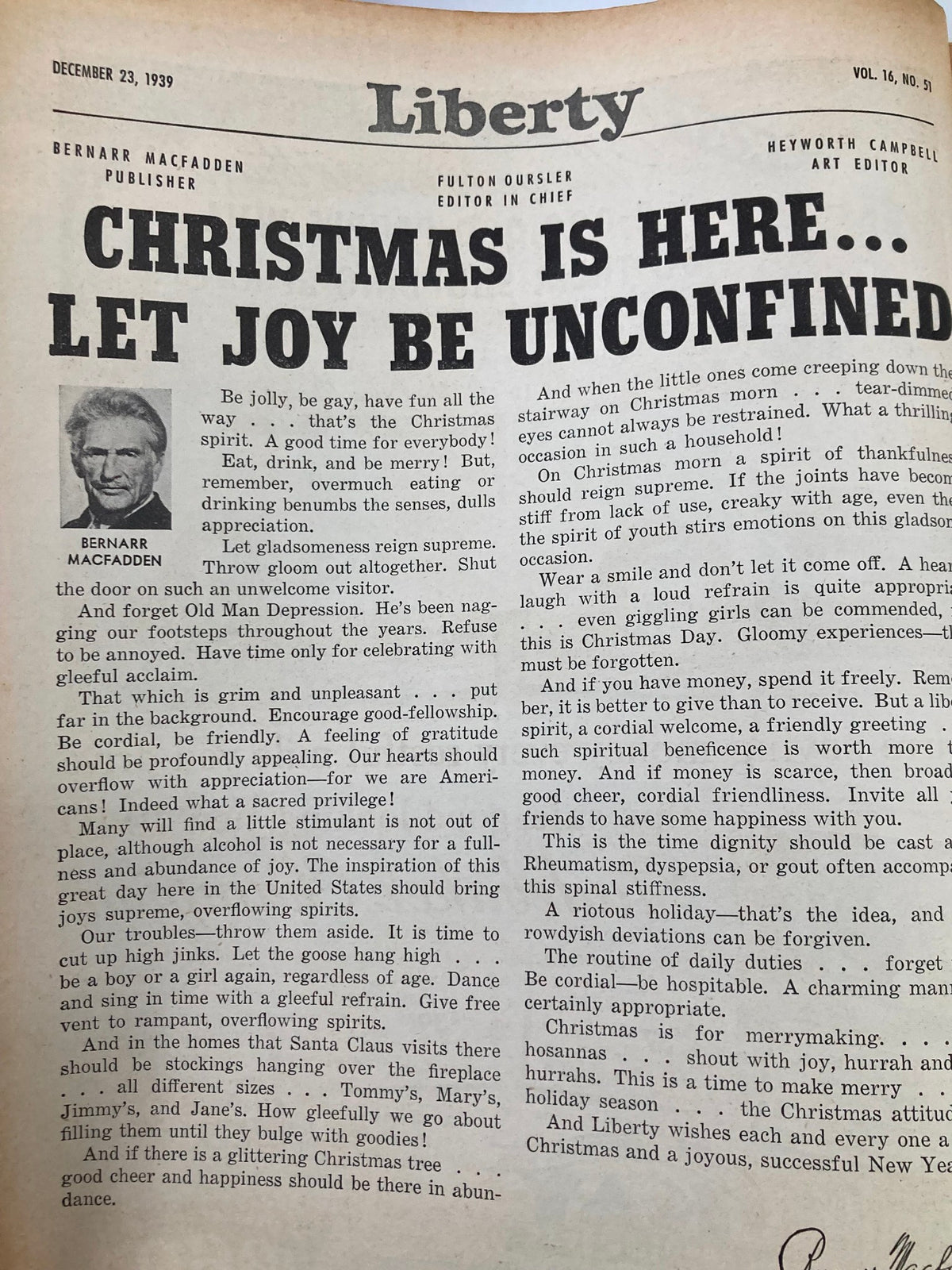 VTG Liberty Magazine December 23 1939 article page titled 'Christmas Is Here... Let Joy Be Unconfined', discussing the holiday spirit and traditions during the era.