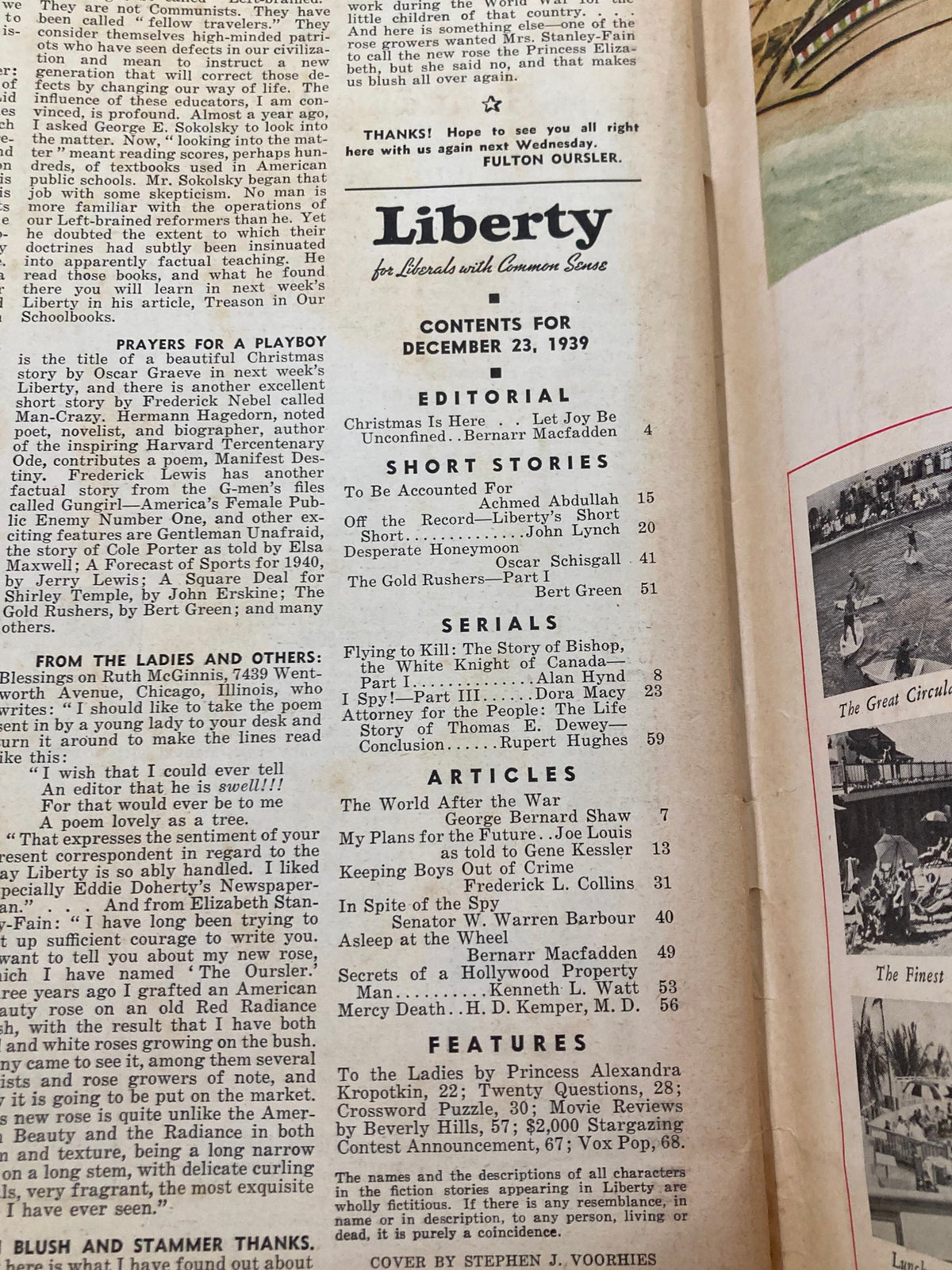 Contents page of VTG Liberty Magazine December 23 1939, with articles and features listed, offering a glimpse into the historical publication featuring theme of 'The World After The War'.